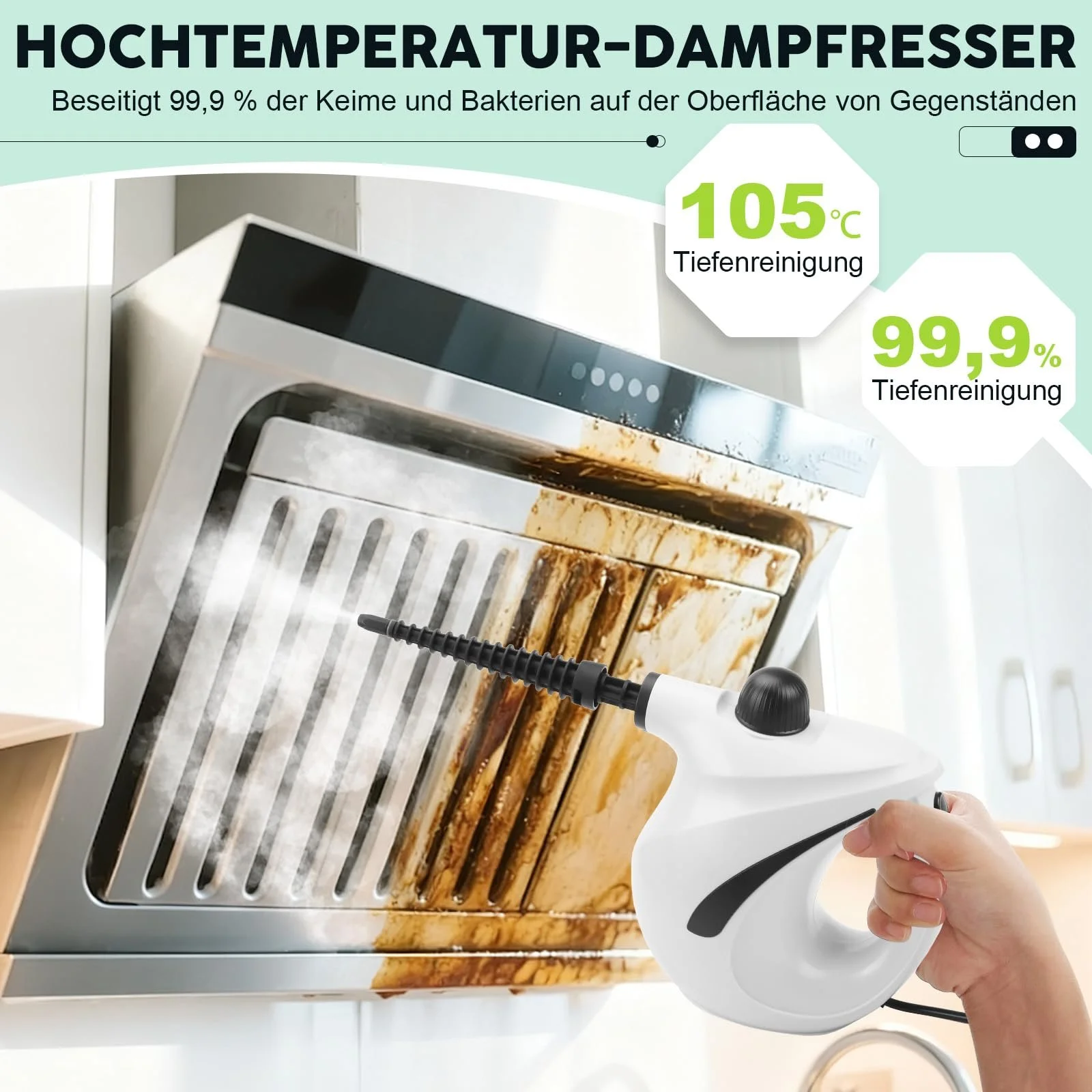 Пароочисник ручний 1200 W 8 аксесуарів 3.2 bar 700 ml портативний для вікон та кухні, фото №4 Пароочисник ручний 1200 W 8 аксесуарів 3.2 bar 700 ml портативний для вікон та кухні, фото №4