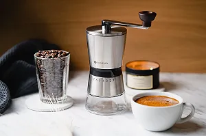 Ручная кофемолка VIENESSO с керамическим жерновом, 8 уровней помола, ручная кофемолка для кофе и эспрессо из нержавеющей стали и стеклянной емкости synthetic.ua - Фото 1