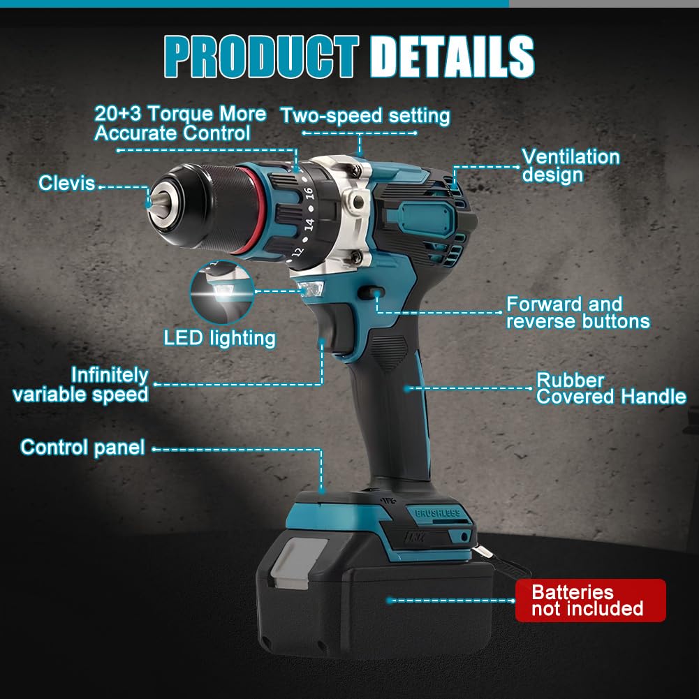 Аккумуляторная Дрель Совместимая с Makita 120 Нм Бесщеточная С Ручкой, Светодиодная подсветка, 2 скорости (Без батареи), фото №6 Аккумуляторная Дрель Совместимая с Makita 120 Нм Бесщеточная С Ручкой, Светодиодная подсветка, 2 скорости (Без батареи), фото №6