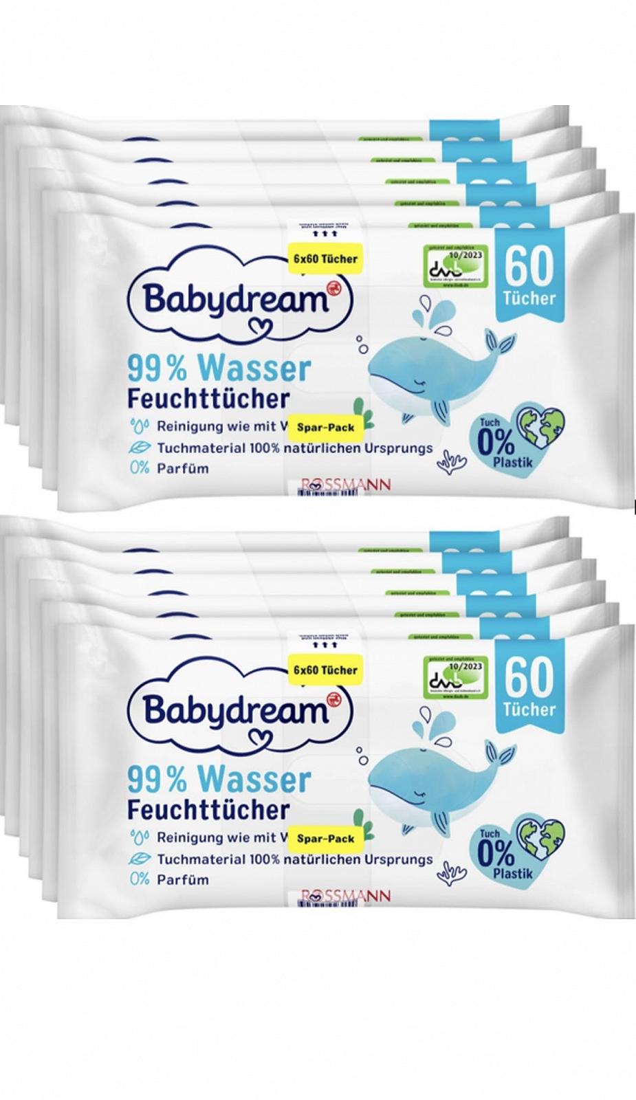 Влажные салфетки Babydream 99% Вода 12 x 60 шт, без запаха, 100% натуральный материал, фото №1