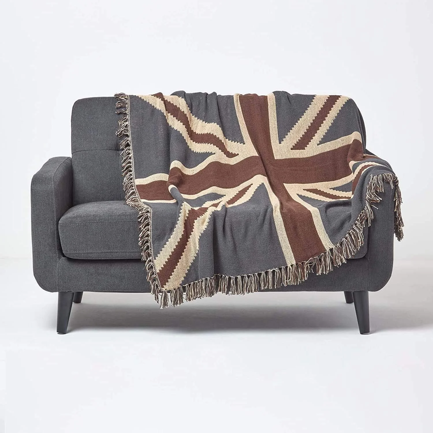 Покрывало Homescapes Хлопок 100% Union Jack 125 x 150 см - United Kingdom Жаккардовое покрывало для дивана/кресла с бахромой, фото №1