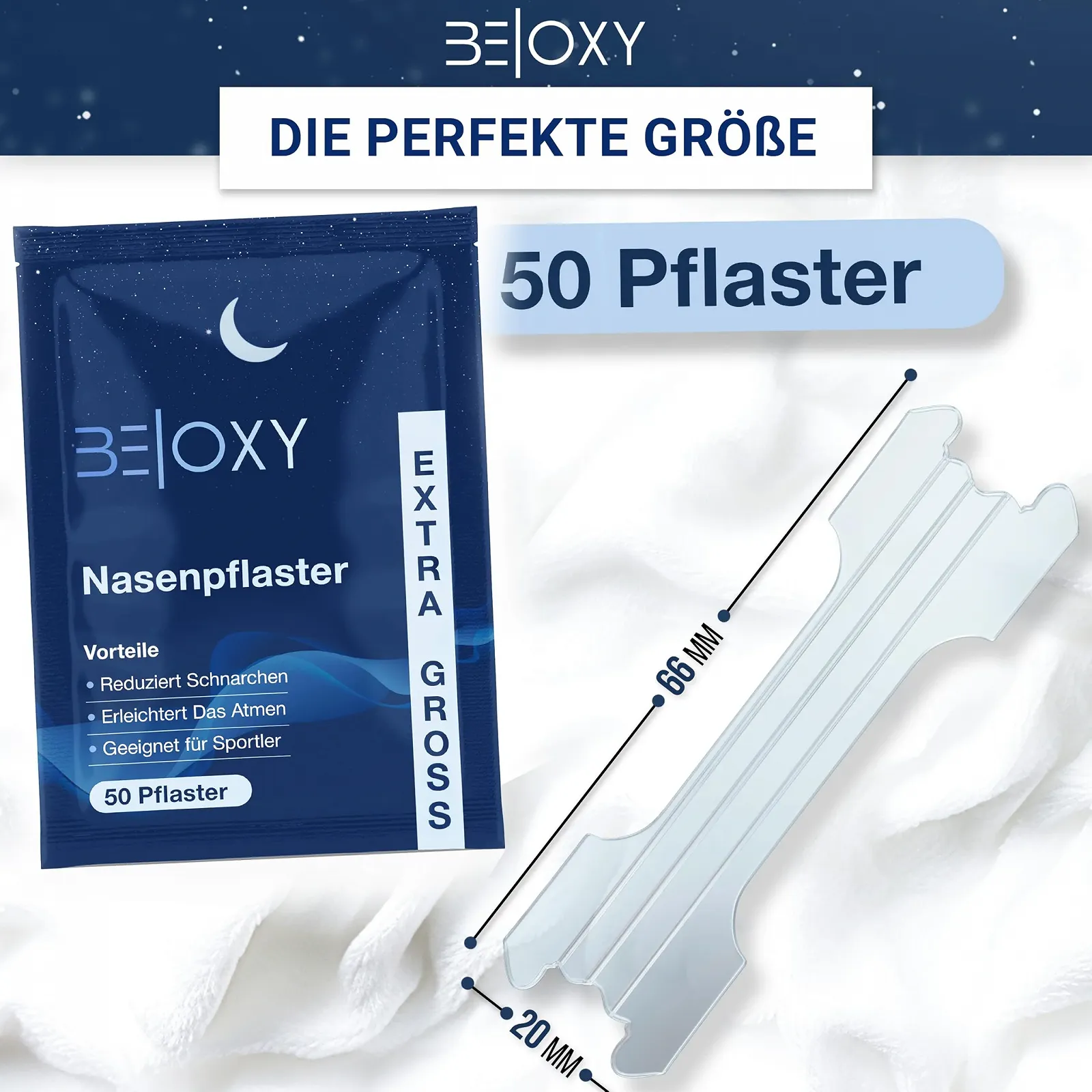 Пластирі для носа BE|OXY проти хропіння 50 шт., дуже великі та міцні, прозорі, підходять для спорту, сну та дихання, фото №2