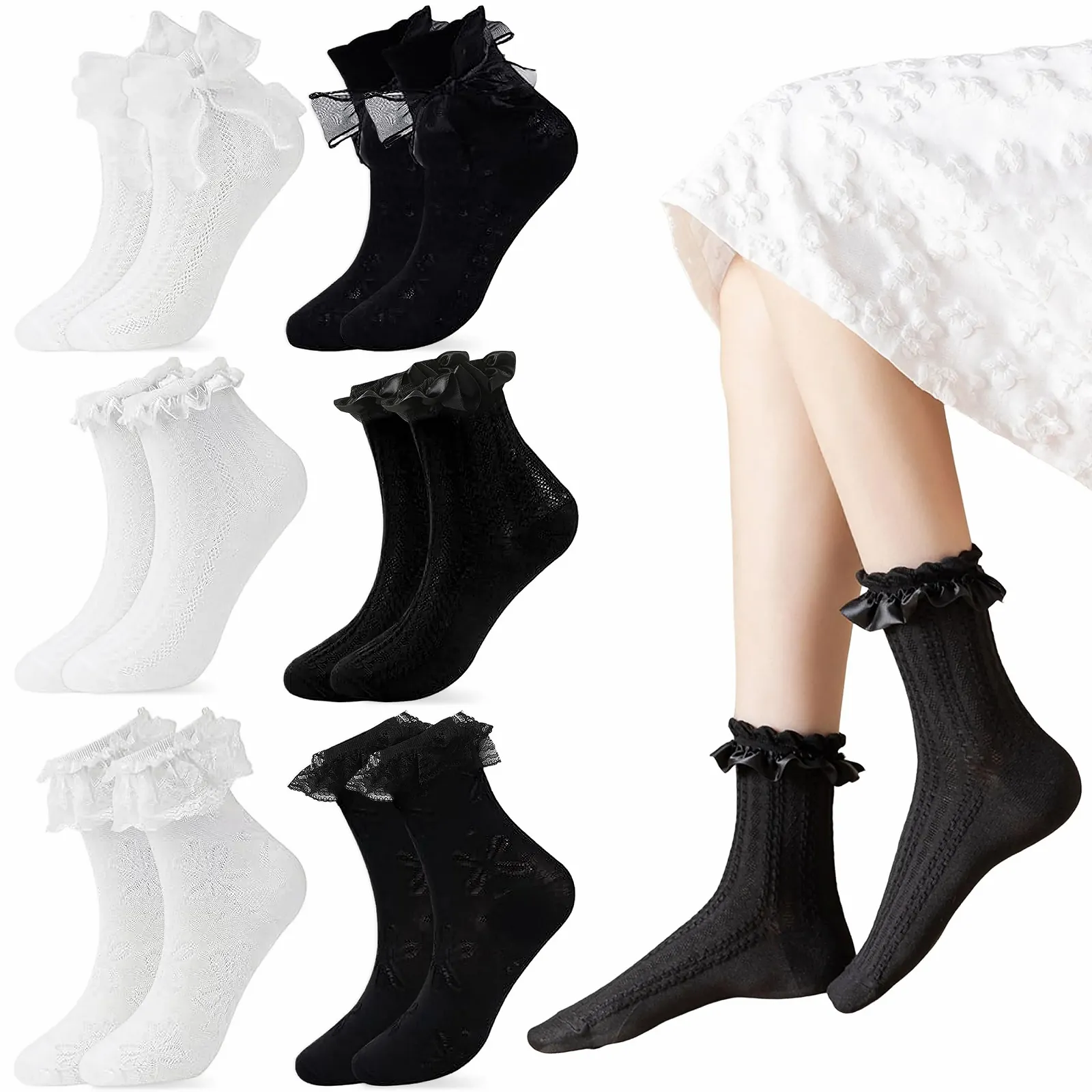 Носки с рюшами (6 пар) Хлопковые носки с рюшами Черный, Белый, Мягкие дышащие вязаные носки с рюшами для женщин, Один размер, фото №1 Носки с рюшами (6 пар) Хлопковые носки с рюшами Черный, Белый, Мягкие дышащие вязаные носки с рюшами для женщин, Один размер, фото №1