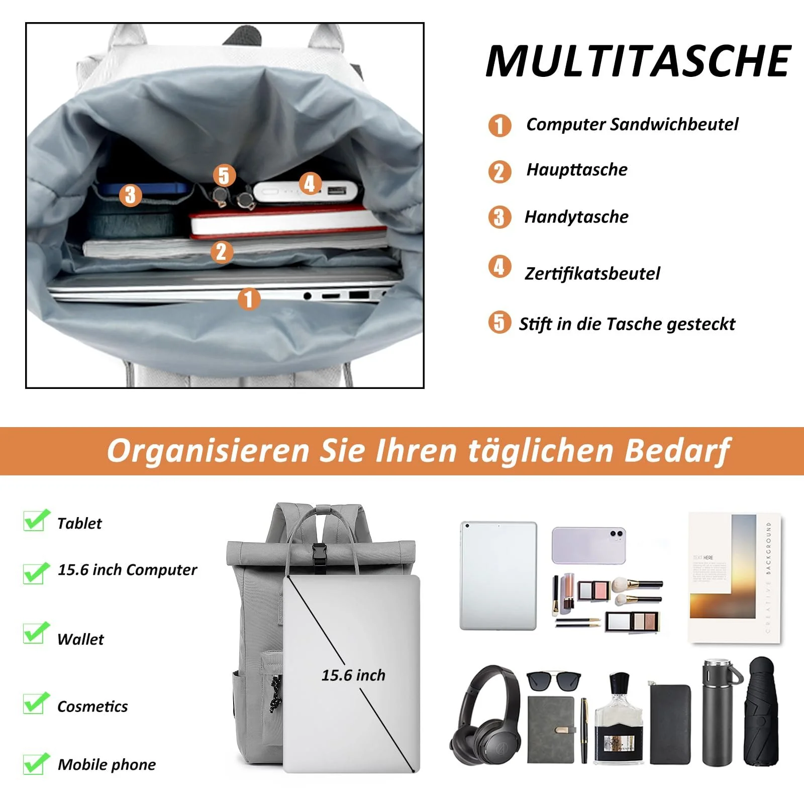 Рюкзак для ноутбука TANTOMI 15.6 Inch Rolltop Waterproof, фото №4 Рюкзак для ноутбука TANTOMI 15.6 Inch Rolltop Waterproof, фото №4