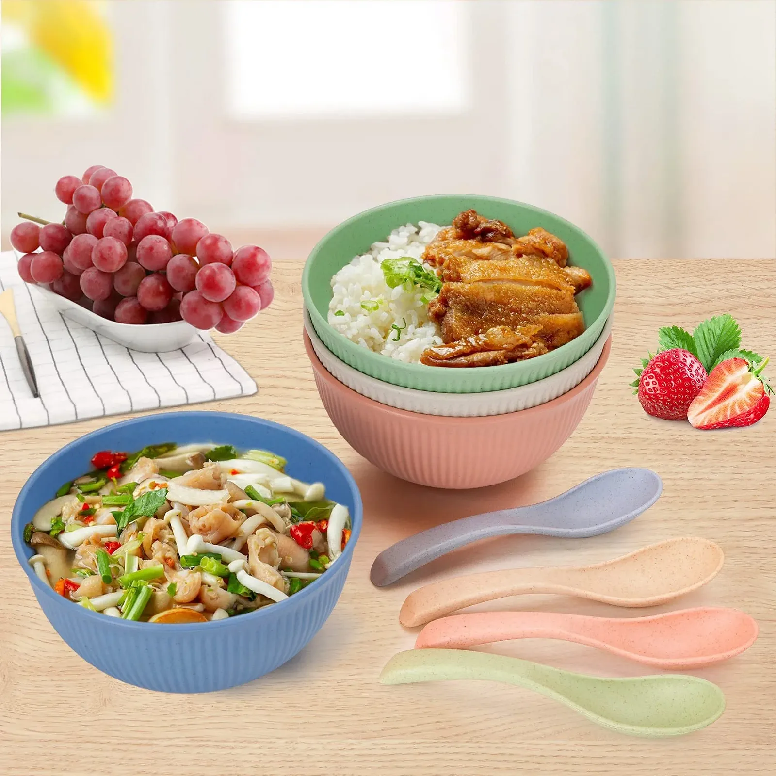 Миска CSYY 750 мл, набор 4 шт, пластиковая, небьющаяся посуда, с ложкой, фото №6