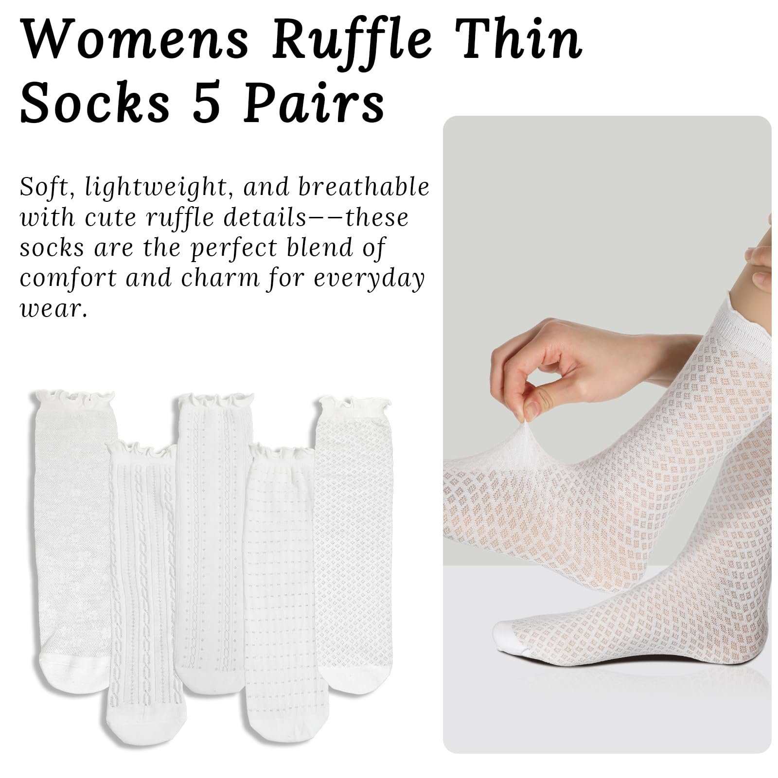 Носки Yolev 5 пар Женские, Белые Хлопковые Носки с Рюшами, Спортивные Носки, Удобные, Дышащие Носки, Однотонные Балетные Носки, Носки до Щиколотки для Женщин и Девочек, фото №4