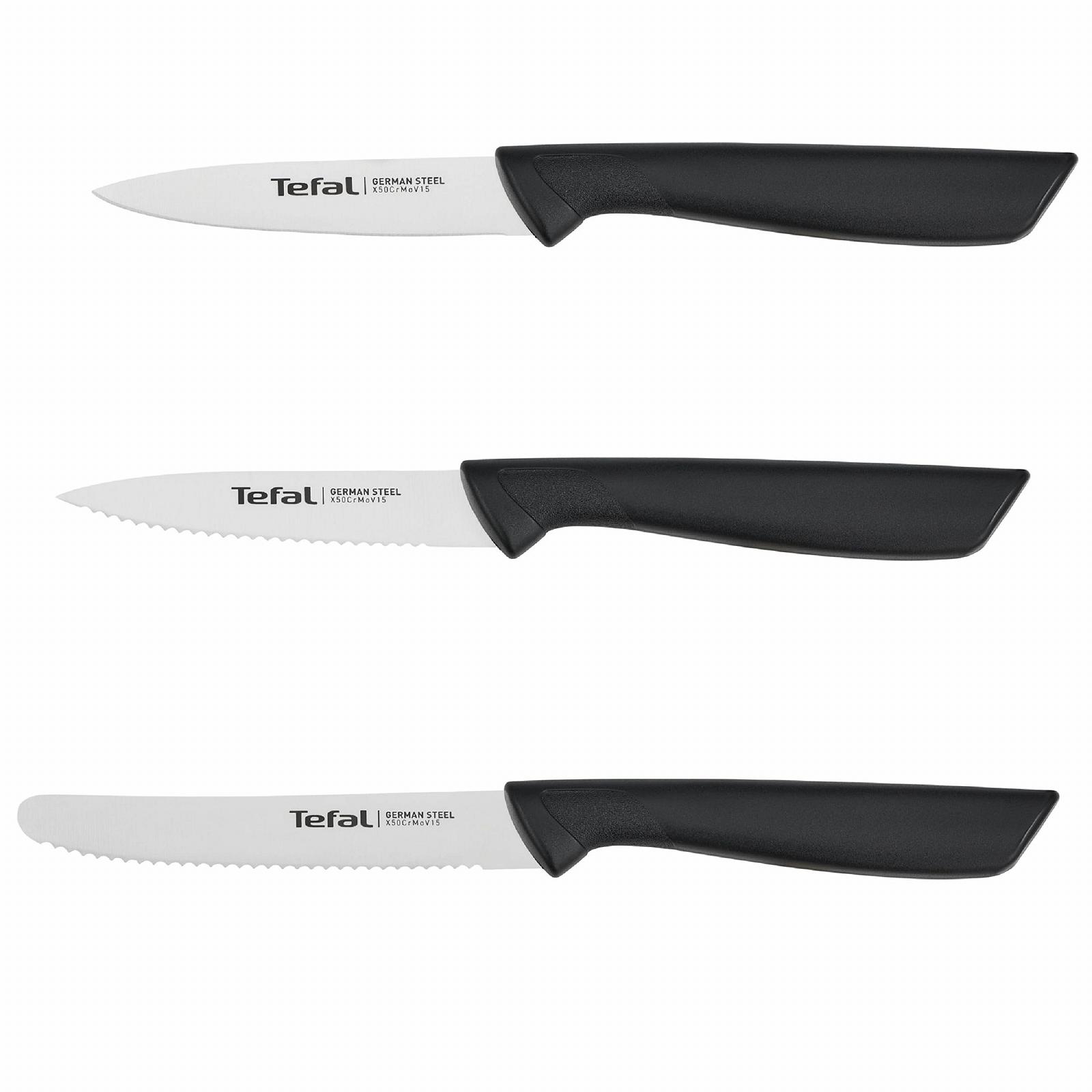 Набор ножей Tefal Colorfood K2733S, 3 шт | Универсальный нож (10 см) / Нож для очистки овощей (8 см), зубчатый нож для очистки овощей (8 см), гладкий | Немецкая нержавеющая сталь | Устойчив к коррозии | Эргономичный | Безопасный | Черный, фото №1