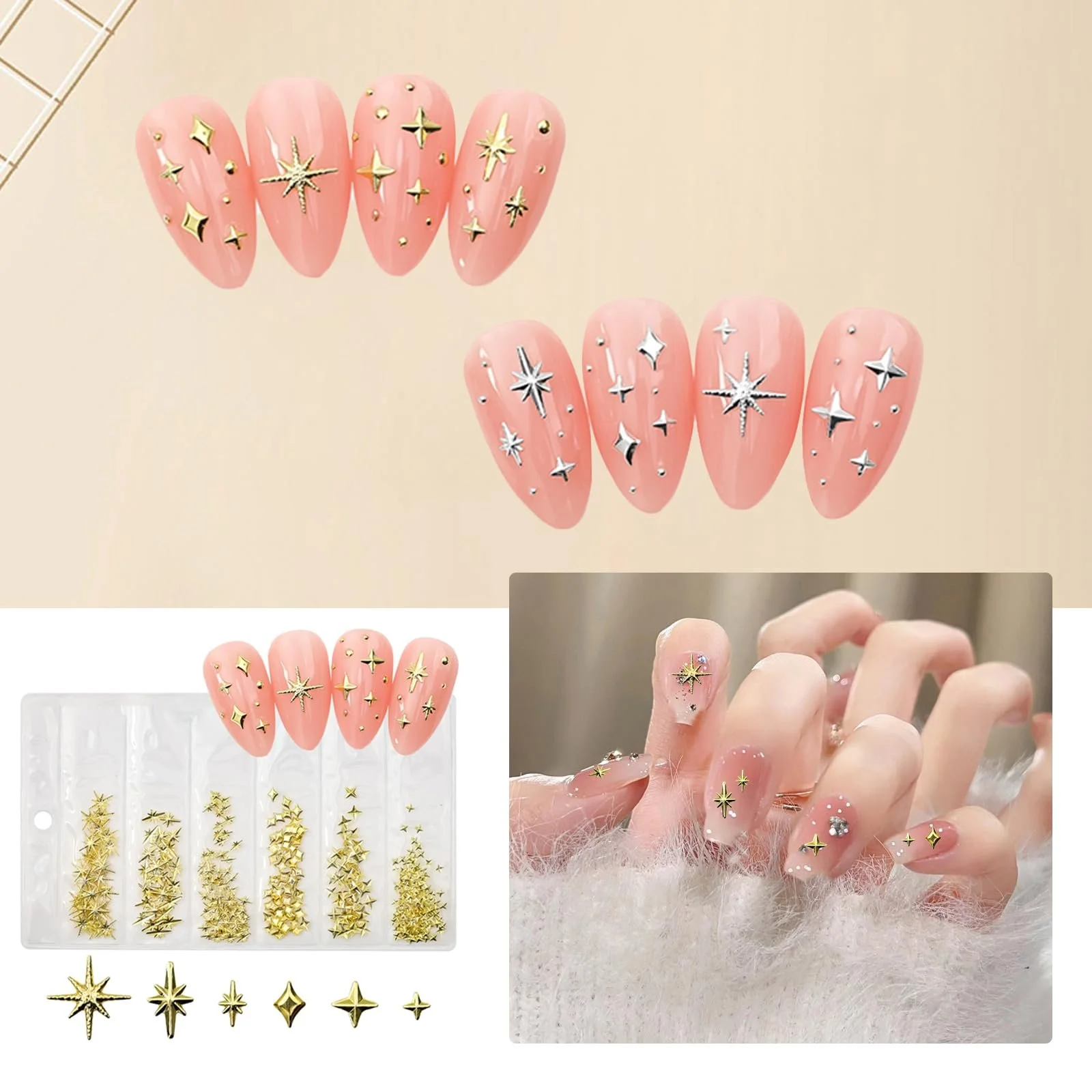 Набор украшений для ногтей 1970 шт., 3D украшения для ногтей, 3D блестящие наклейки для ногтей золотого цвета, разных форм и размеров, украшения для ногтей, DIY украшения для ногтей для женщин и девушек (Белый Розовый), фото №4