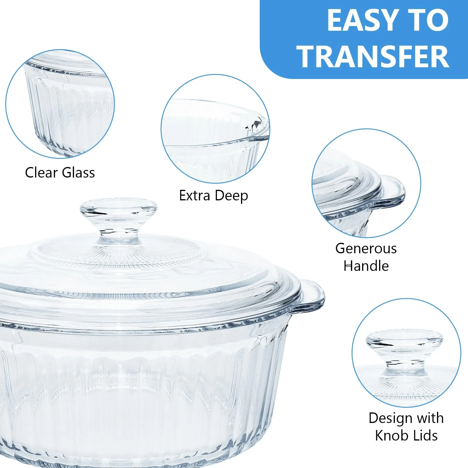 Форма для запікання скляна кругла з кришкою 2,5 L термостійка прозорий, фото №3