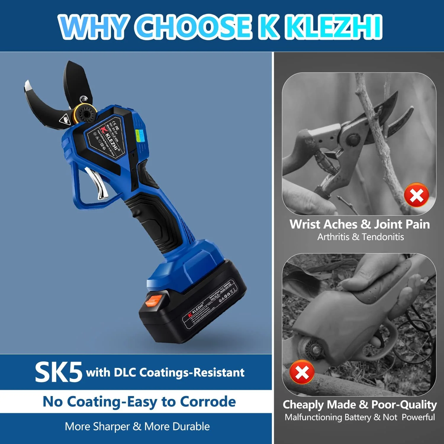 Секатор K KLEZHI 42 мм, акумуляторний, електричний, зі світлодіодом, DLC-покриттям, 2 x 2Ah літієві акумулятори, 25.2 V, фото №7