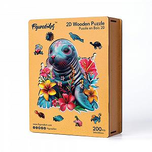 Дерев'яний пазл Figured'Art Animals Seal and Flowers 200 елементів 26.5 x 28.5 см унікальна форма дерев'яна коробка synthetic.ua - Фото 1
