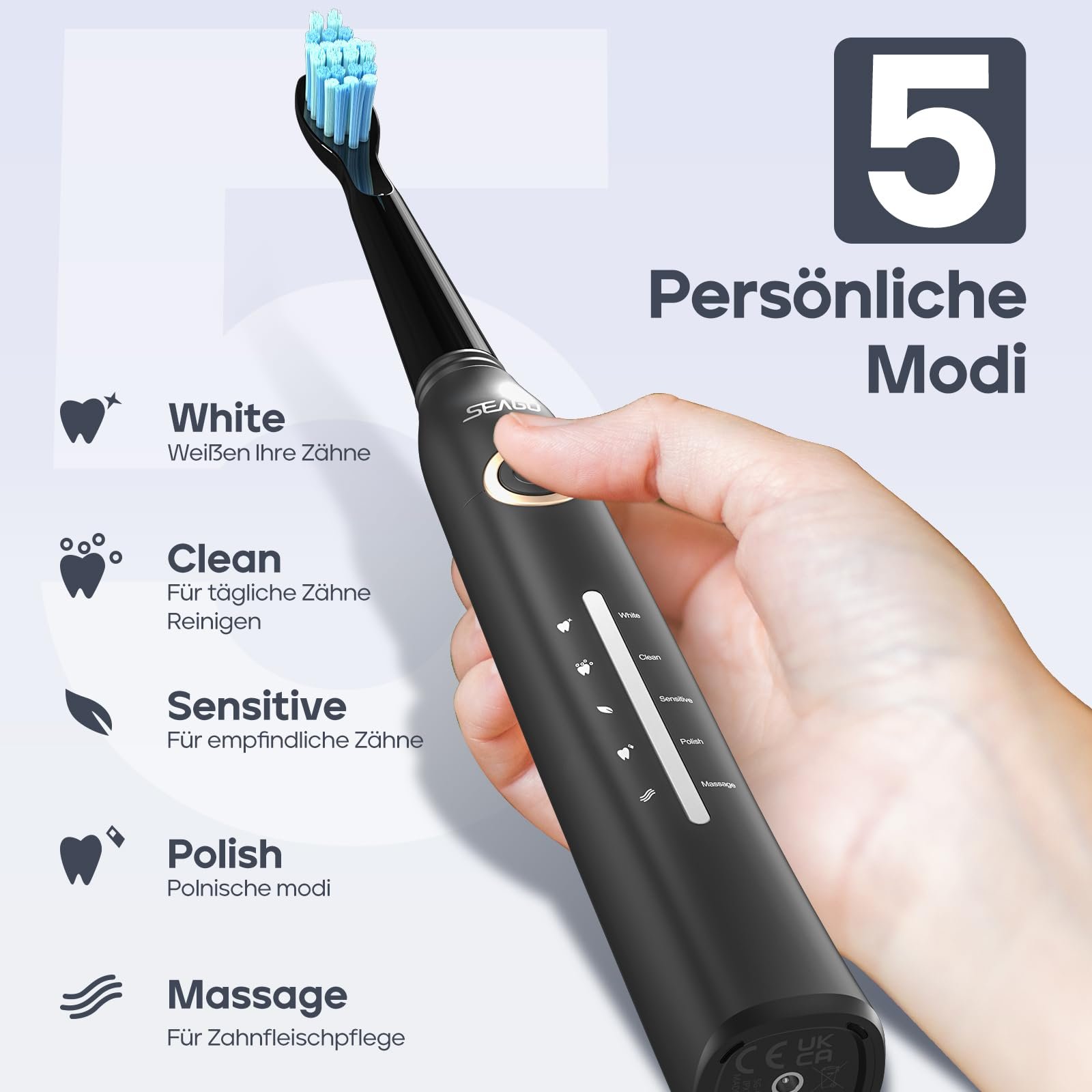 Електрична звукова зубна щітка Seago SG-958 40000 VPM 5 режимів USB Чорний, фото №6