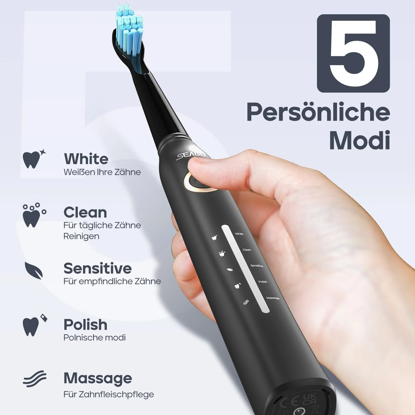 Электрическая звуковая зубная щетка Seago SG-958 40000 VPM 5 режимов USB Черный, фото №6