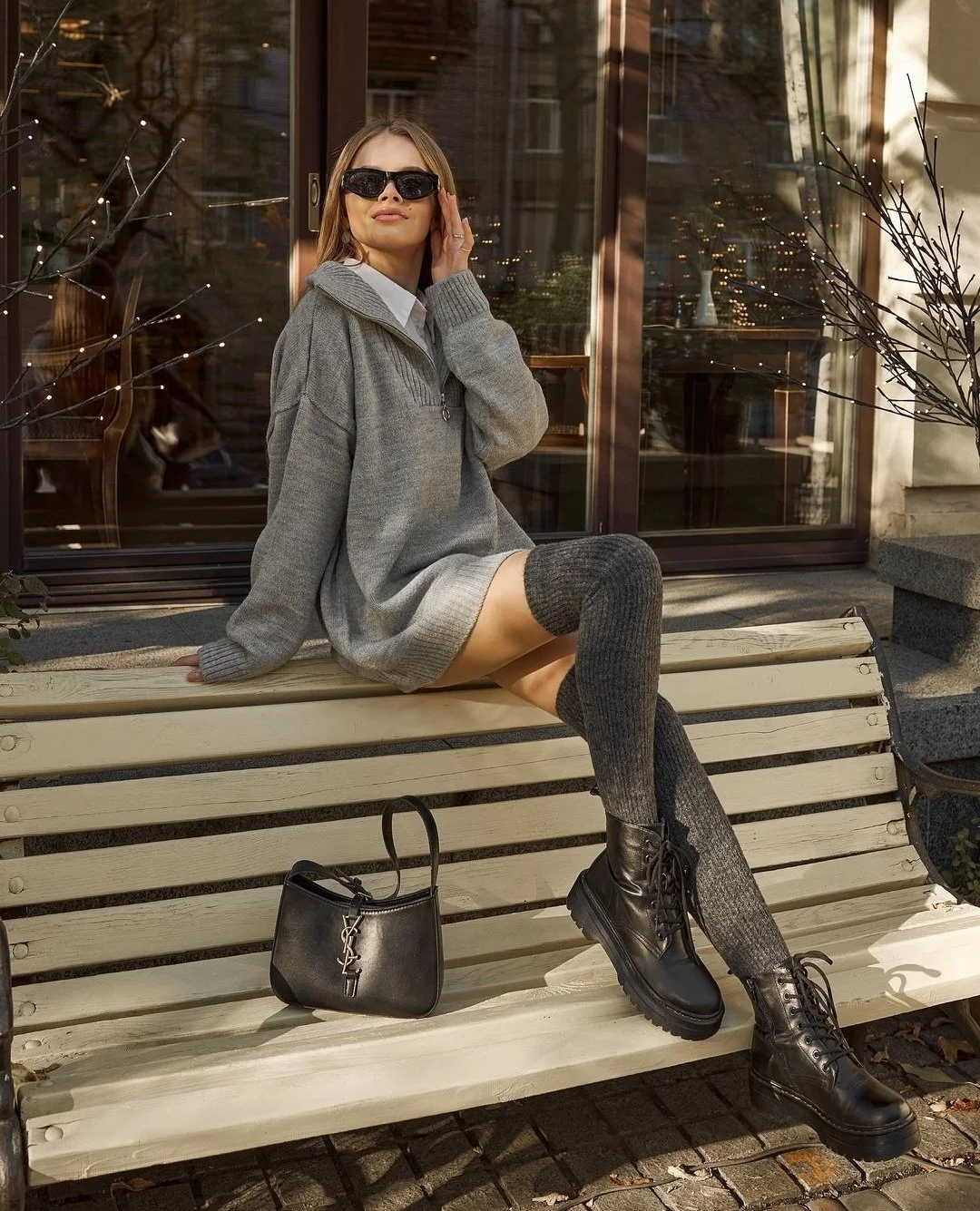 Сірі зимові панчохи вище коліна з вовни мериноса для дівчини, фото №2 Сірі зимові панчохи вище коліна з вовни мериноса для дівчини, фото №2