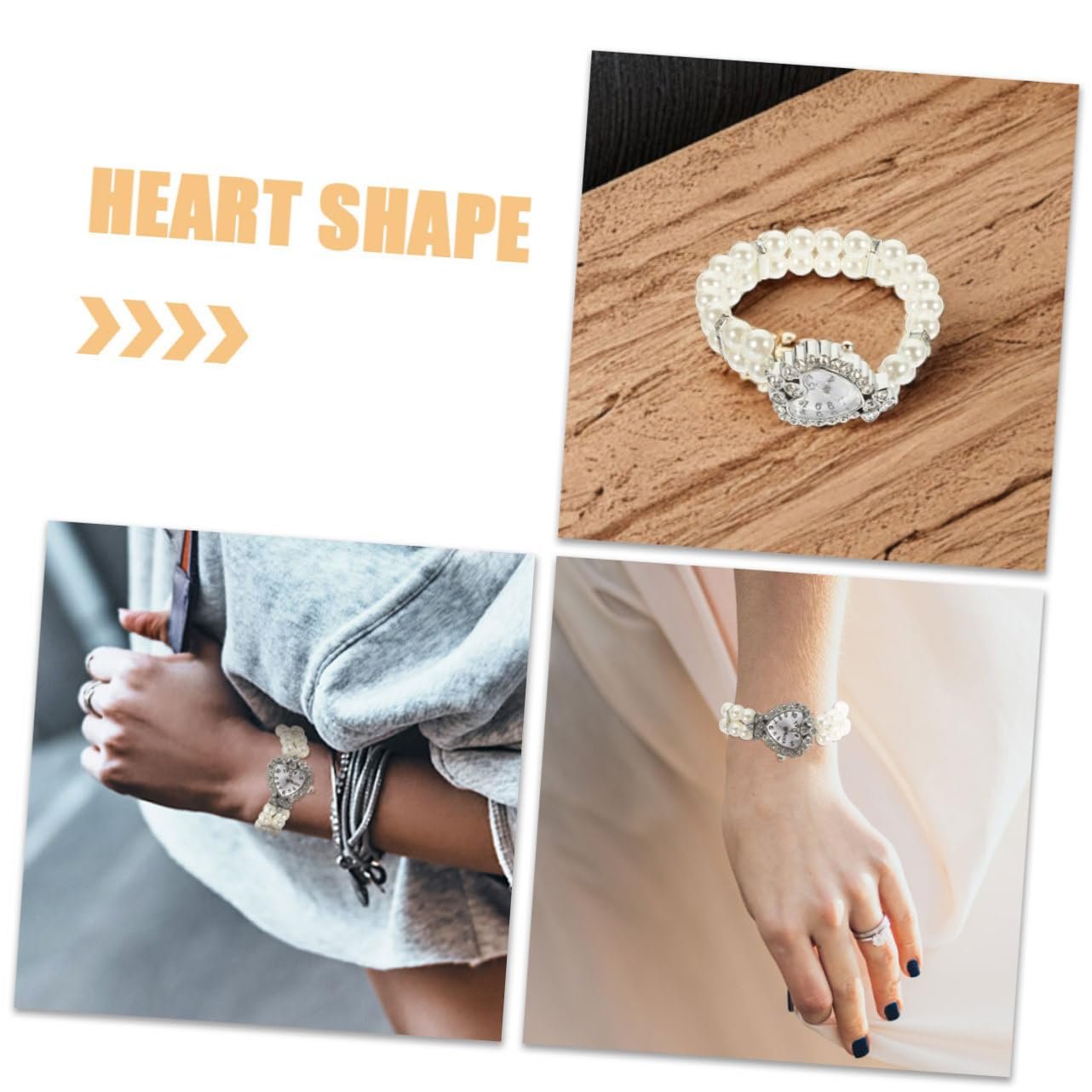 Часы женские PartyKindom Кварцевые Аналоговые с эластичным браслетом из двойного ряда жемчуга в форме сердца, фото №8