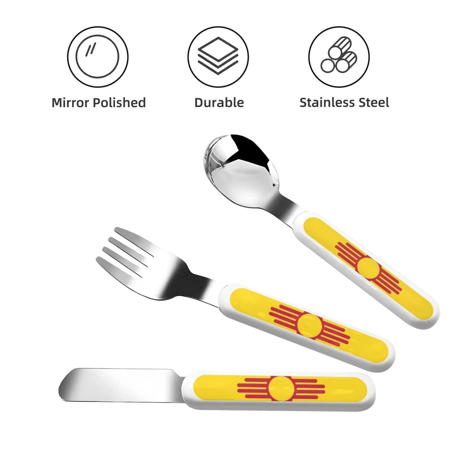 Набір дитячих столових приборів з принтом прапора Нью-Мексико, три предмети, багаторазовий, фото №2 Набір дитячих столових приборів з принтом прапора Нью-Мексико, три предмети, багаторазовий, фото №2