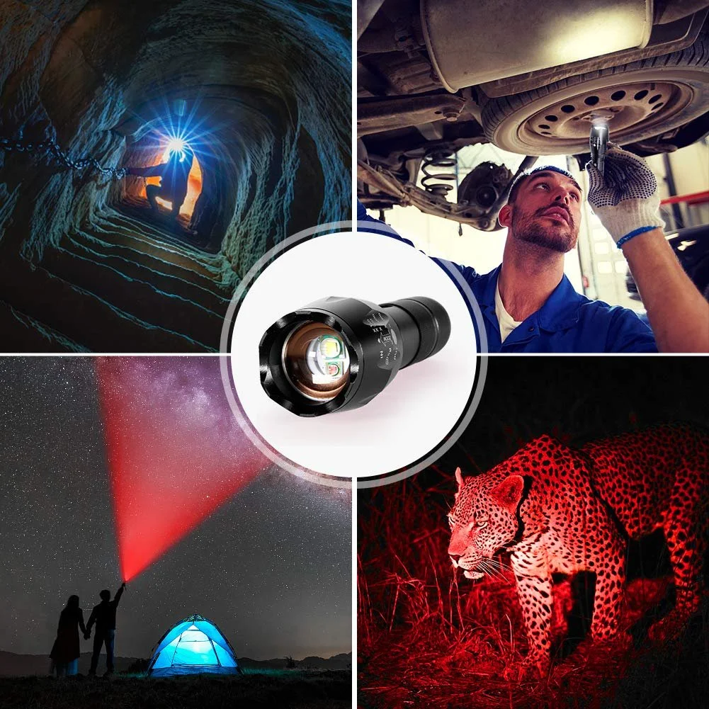 Ліхтар 3-колірний (червоний, зелений, білий) LED Інтегрований Водонепроникний з регульованим фокусом з акумулятором 2200 мАг та USB зарядним пристроєм для риболовлі, походів, кемпінгу, фото №6