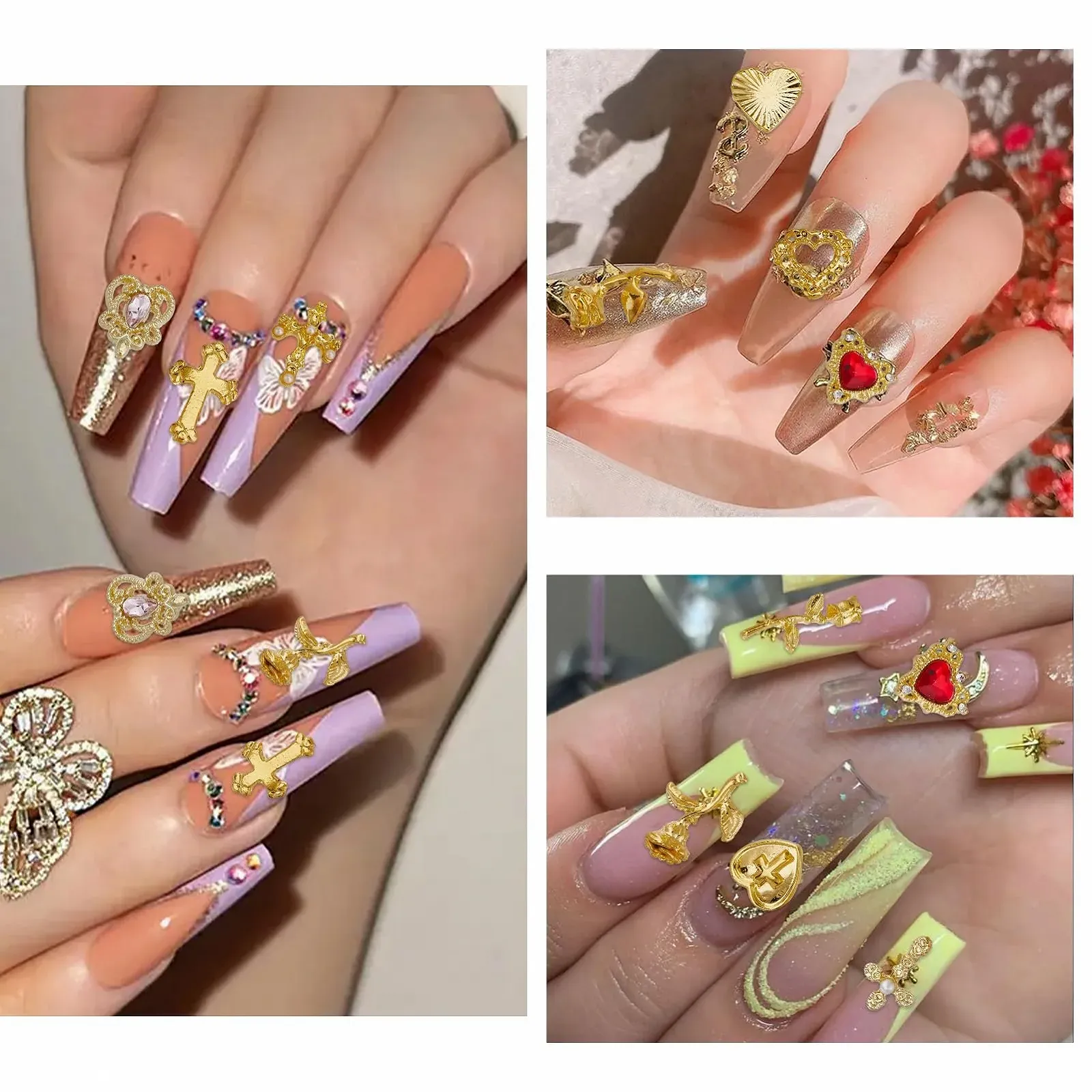 Украшения для ногтей NICENEEDED 120 шт, золотые крестики, розы, сердца, 3D украшения для ногтей, фото №6