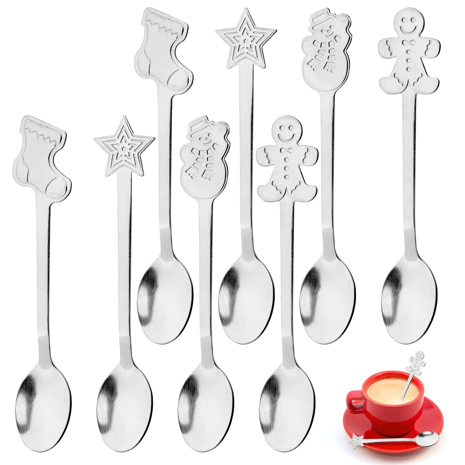 Набір з 8 різдвяних ложок з нержавіючої сталі для чаю, фото №1