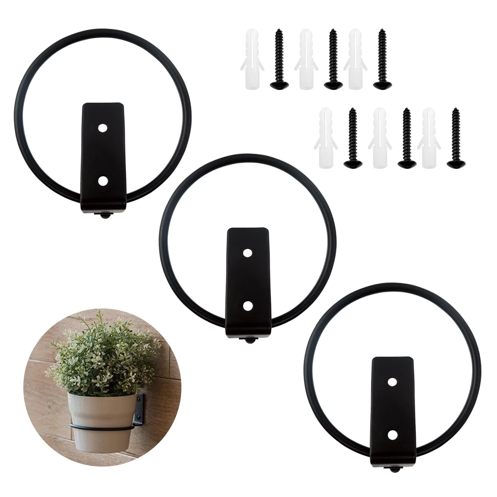 Кольца-держатели для цветочных горшков настенные складные металлические Черные 10 см 3 шт., фото №1