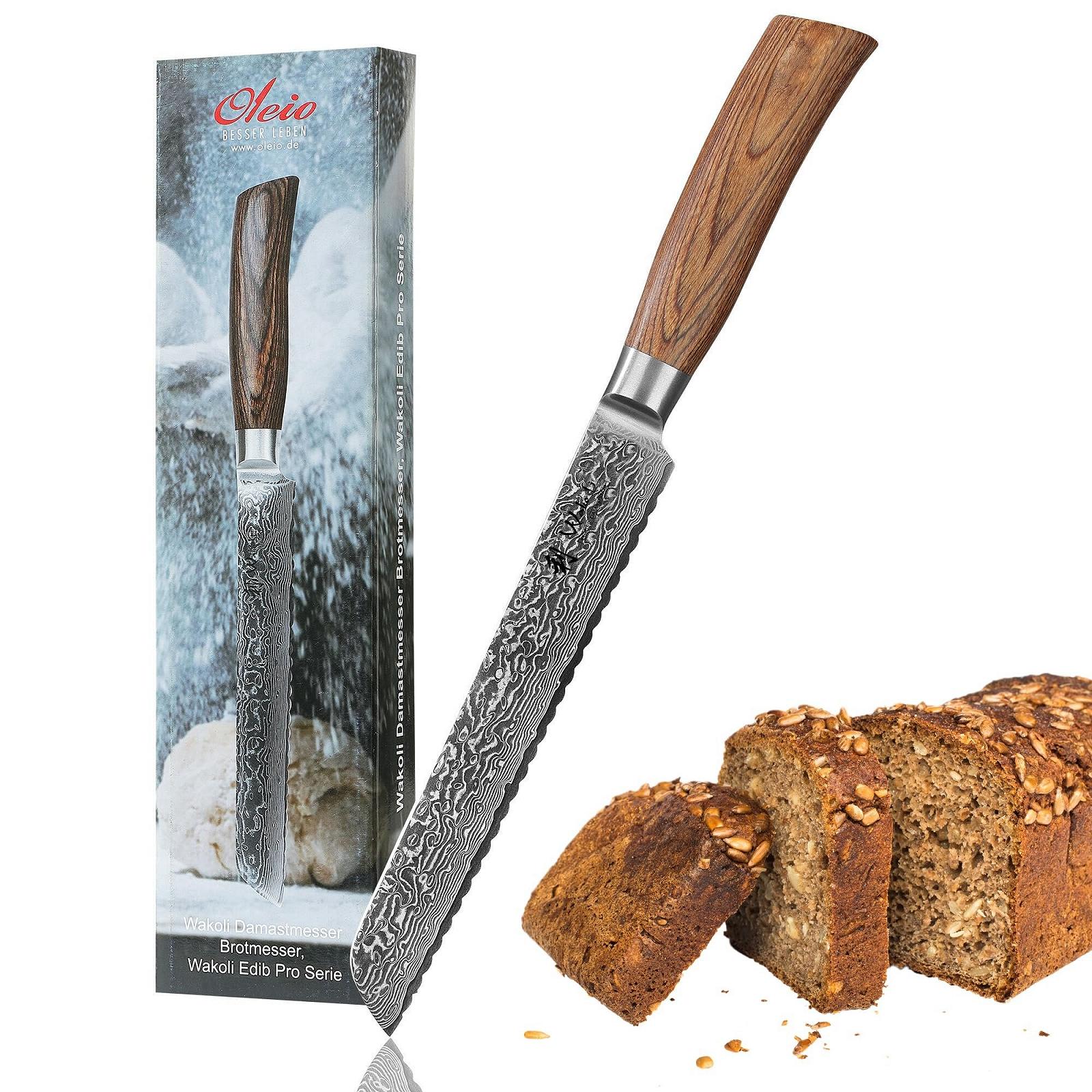 Хлібний Ніж Wakoli EDIB Pro Premium Damask 20 см, Дамаська Сталь, Руків'я з Дерева Pakka, фото №1