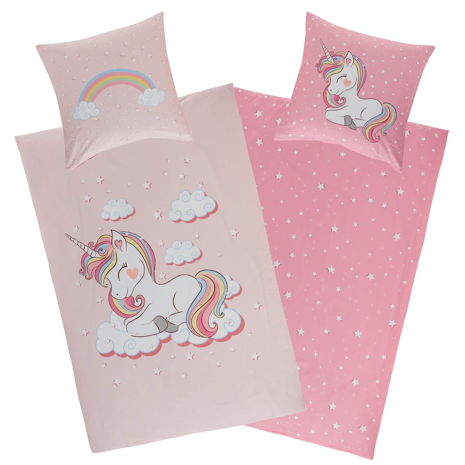 Постільна білизна Aminata kids Єдиноріг 135 x 200 см, 80 x 80 см, бавовняна, рожева, з блискавкою YKK, двостороння, з малюнком єдинорога, коні, фото №1