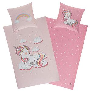 Постільна білизна Aminata kids Єдиноріг 135 x 200 см, 80 x 80 см, бавовняна, рожева, з блискавкою YKK, двостороння, з малюнком єдинорога, коні - Фото 1
