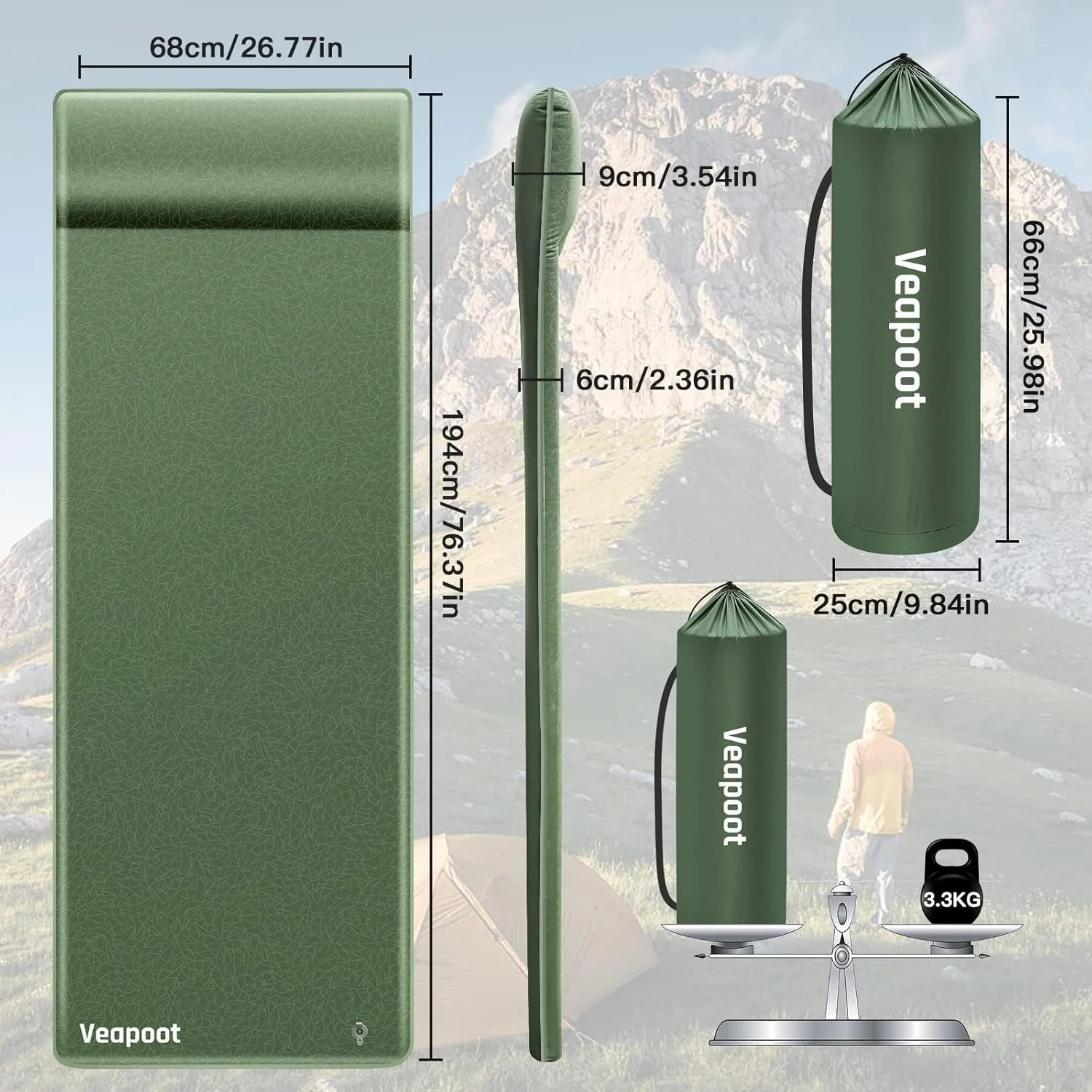 Кемпінговий мат Veapoot TTM004 194x67 см самонадувний  товщина 6 см максимум 300 кг Зелений, фото №2