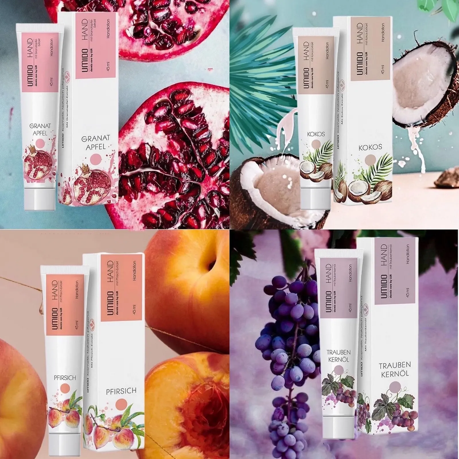 Набор лосьонов для рук UMIDO 5 шт. 45 мл 1 x Кокос 1 x Масло виноградных косточек 1 x Персик 1 x Гранат 1 x Оливковый крем для рук, фото №1