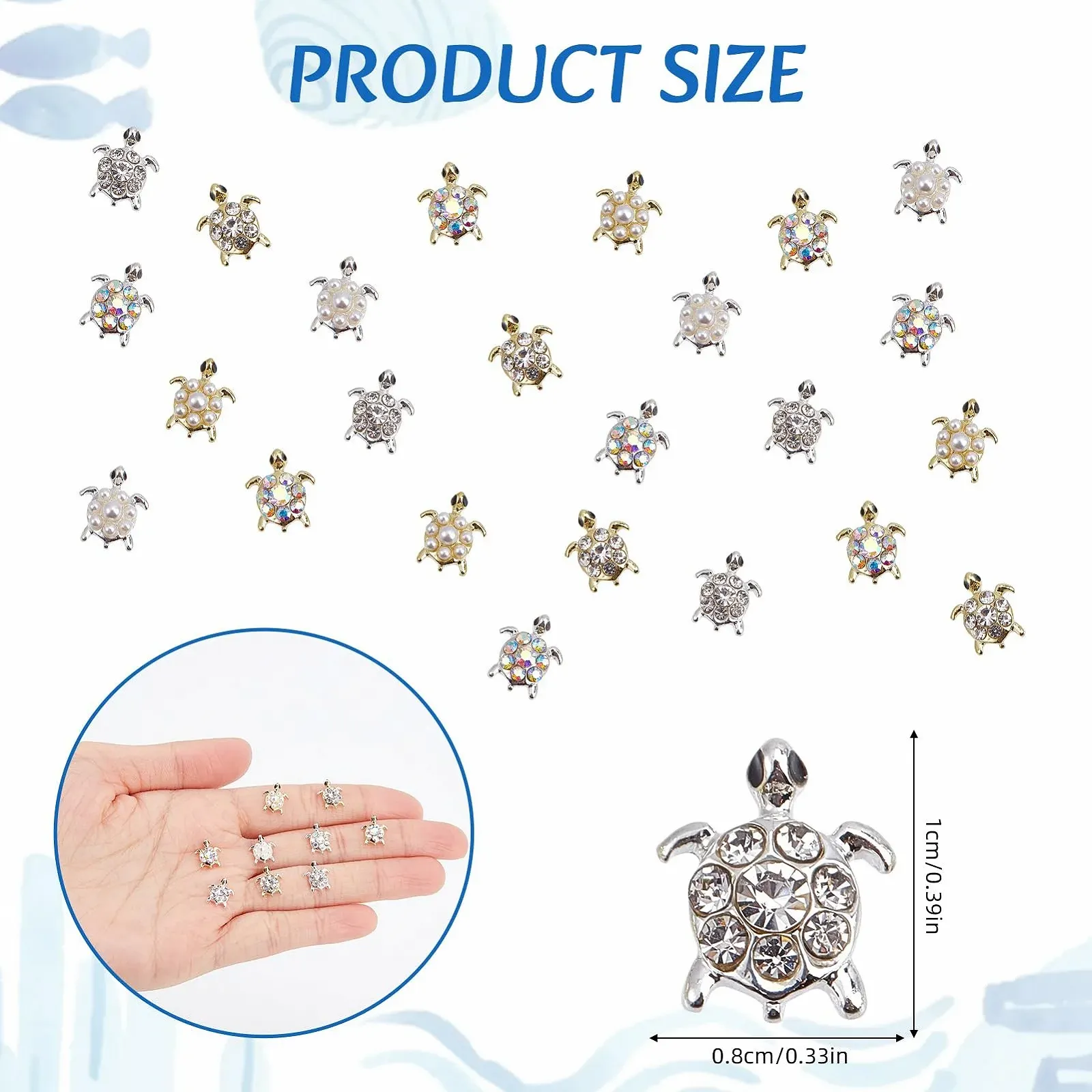 Подвески для ногтей Черепаха NICENEEDED 24 шт, 3D украшения для ногтей в виде черепахи с камнями, блестящие украшения для маникюра, фото №2