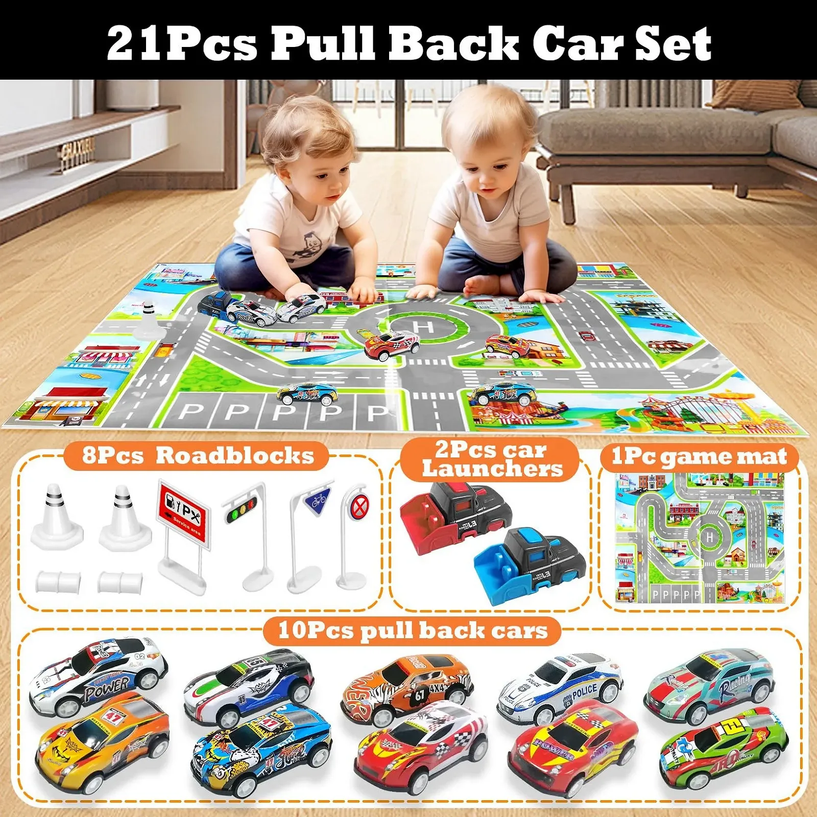 Іграшковий набір TOYABI Car Toy 21 шт з ігровим килимком та катапультою, маленькі машинки, фото №6