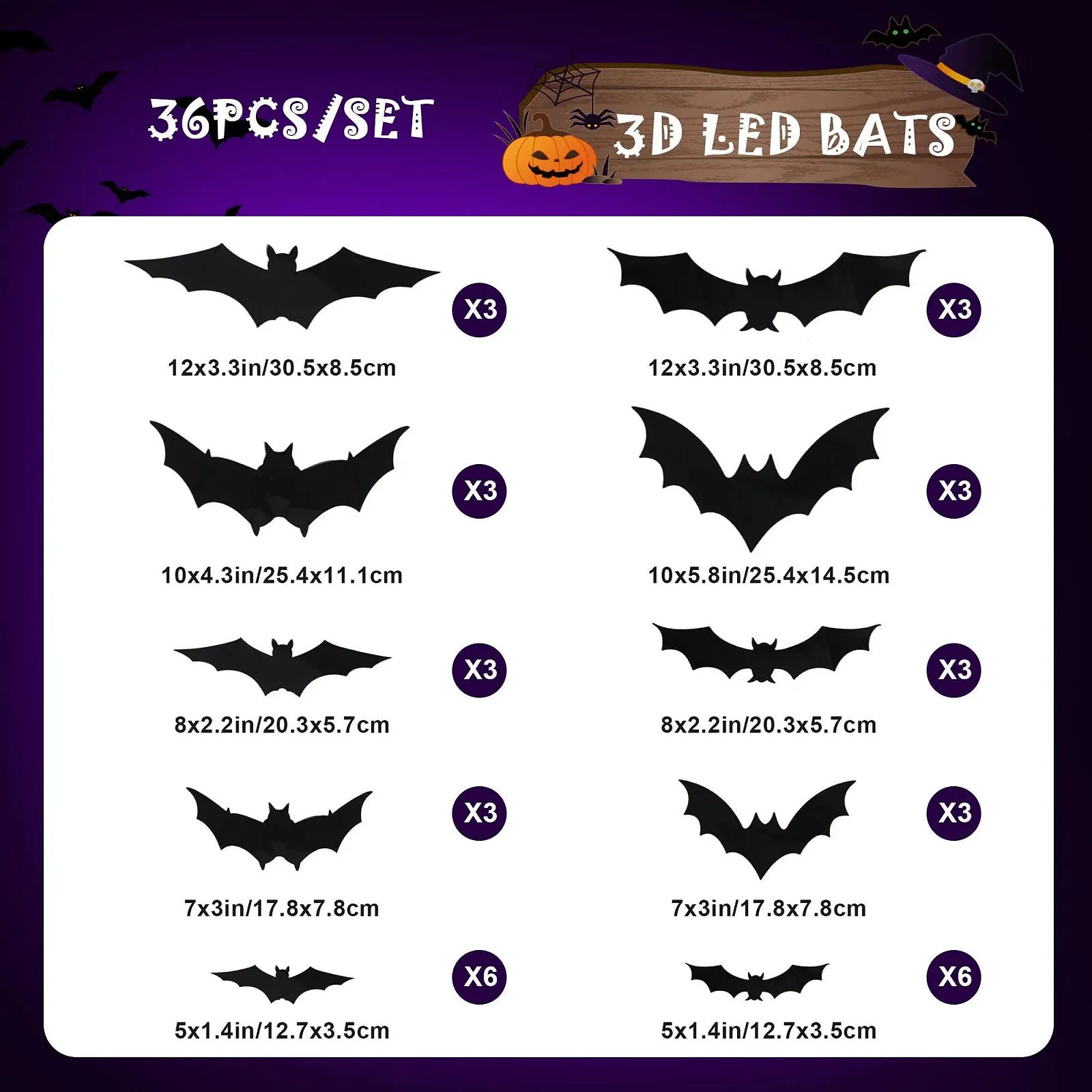 Настінна наклейка Halloween 3D Bat LED Lights 36 шт., фото №3