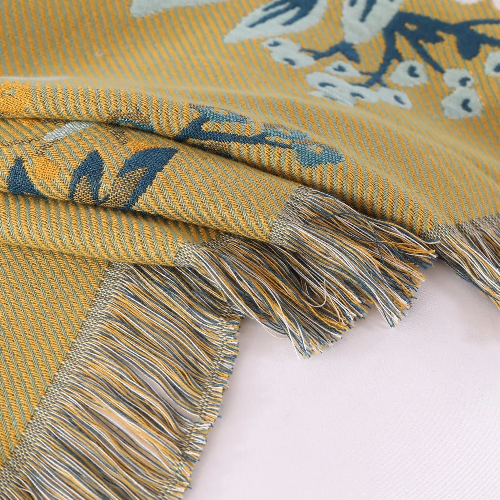 Покрывало двустороннее DECMAY Большое Богемное покрывало для дивана с кисточками 100% хлопок Оливково-зеленый 150x200см, фото №5