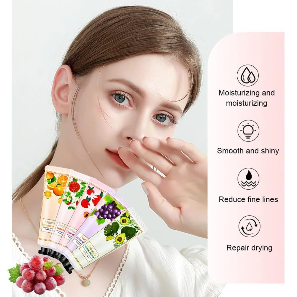 Крем для рук Mini Christmas Набір різдвяних кремів для рук 5 штук Малина, апельсин, білий персик, авокадо та фіолетовий виноград, фото №2