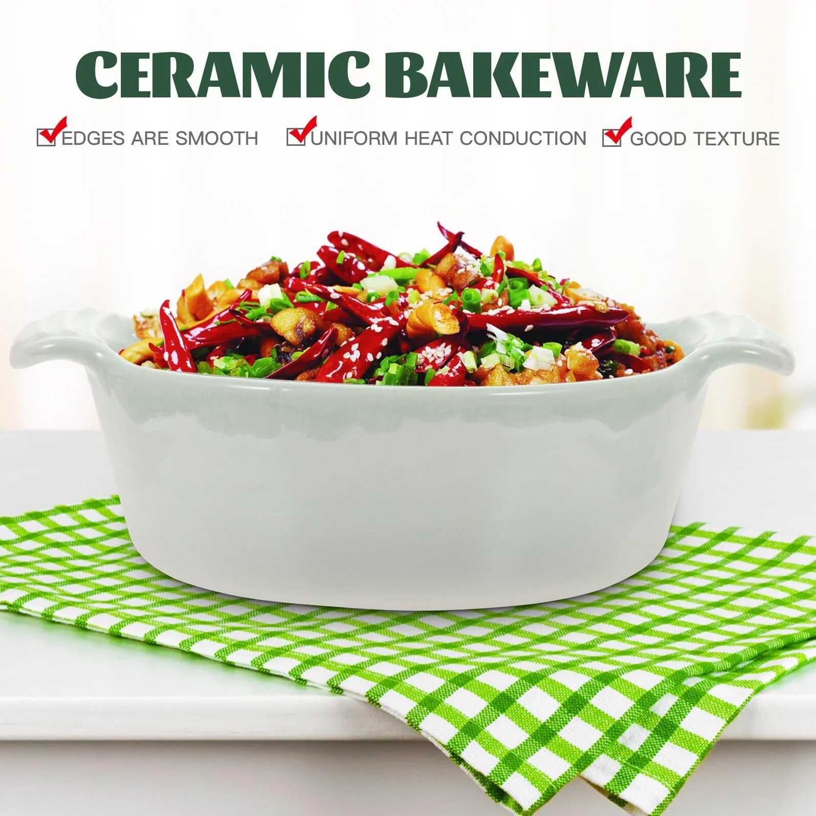 Форма для випікання VALICLUD керамічна з подвійними ручками кругла термостійка Зелена, фото №4