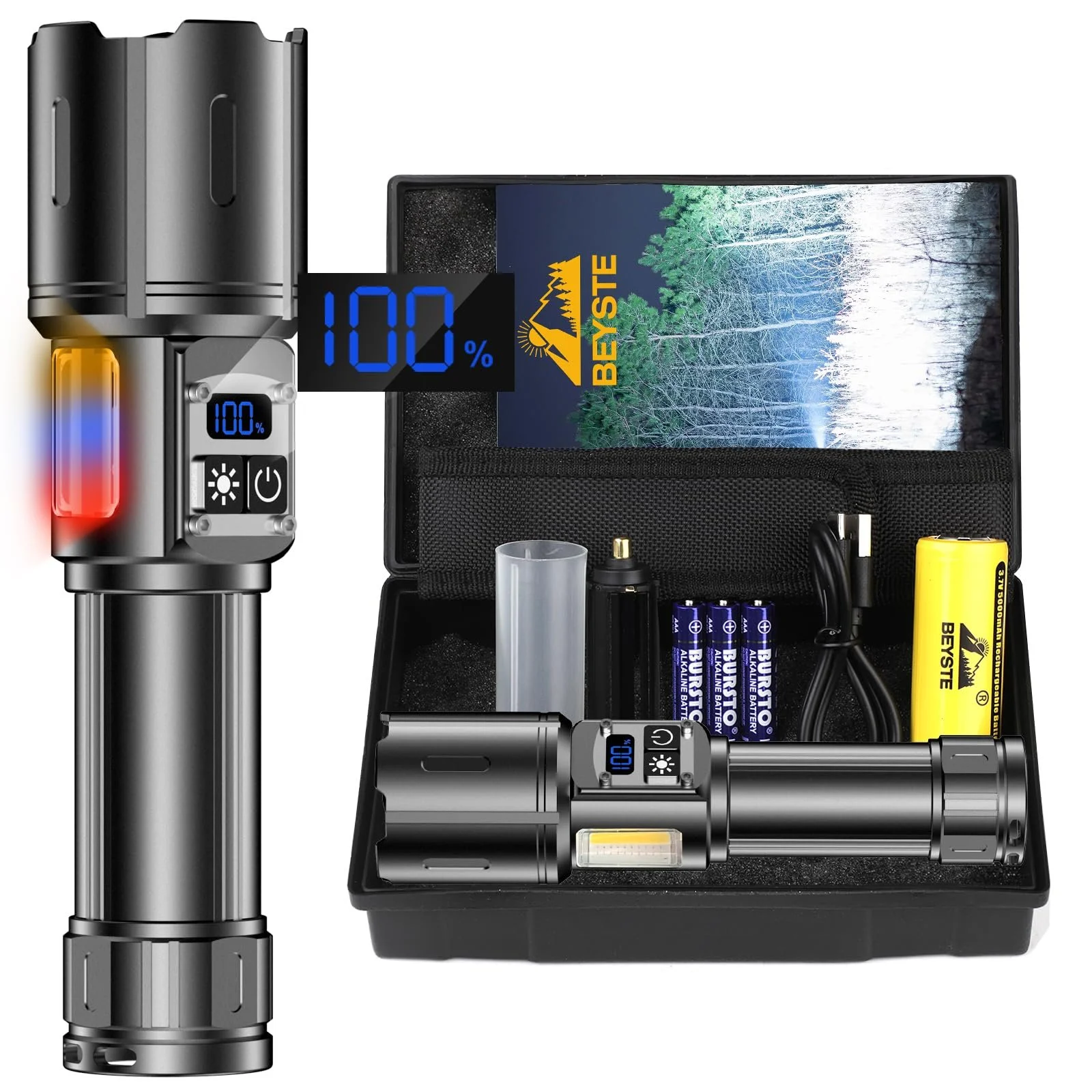 Світлодіодний ліхтар BEYSTE LC223 500 000 люмен тактичний акумуляторний USB 9 режимів з COB боковим світлом плавне регулювання яскравості для кемпінгу, фото №1