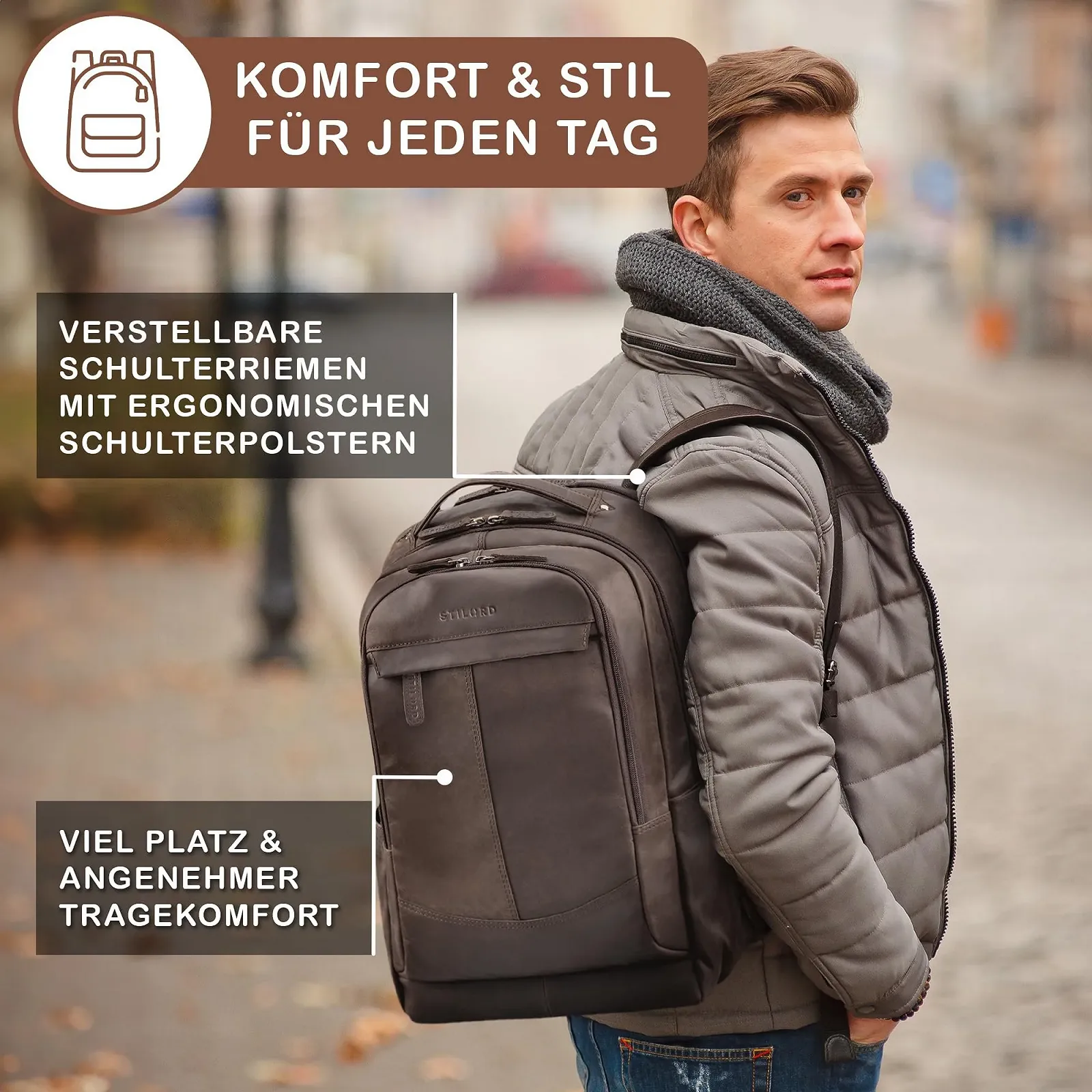 Рюкзак для ноутбука STILORD Premium XL Maxim кожаный винтажный 17-19 дюймов Zamora - Коричневый, фото №3