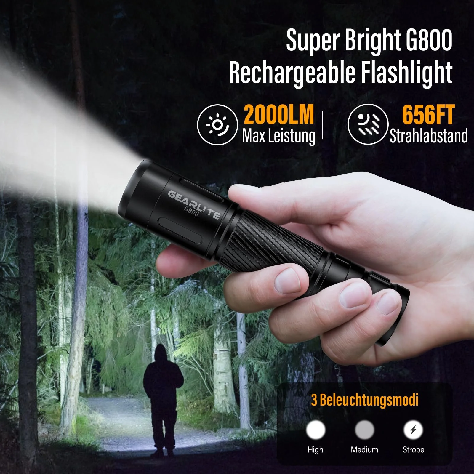 Світлодіодний ліхтар GEARLITE G800, що перезаряджається, надзвичайно яскравий, з можливістю масштабування, 2000 люмен, фото №2