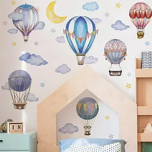 Наклейка на стіну Runtoo Hot Air Balloon великі барвисті місяць зірки хмари - Фото 1