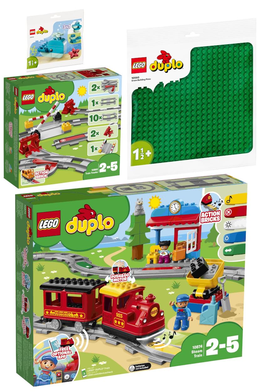 Конструктор Lego Duplo Set of 4: 10874 Паровоз 10882 Залізничні колії 10980 Плита зелена 30648 Кит, фото №1