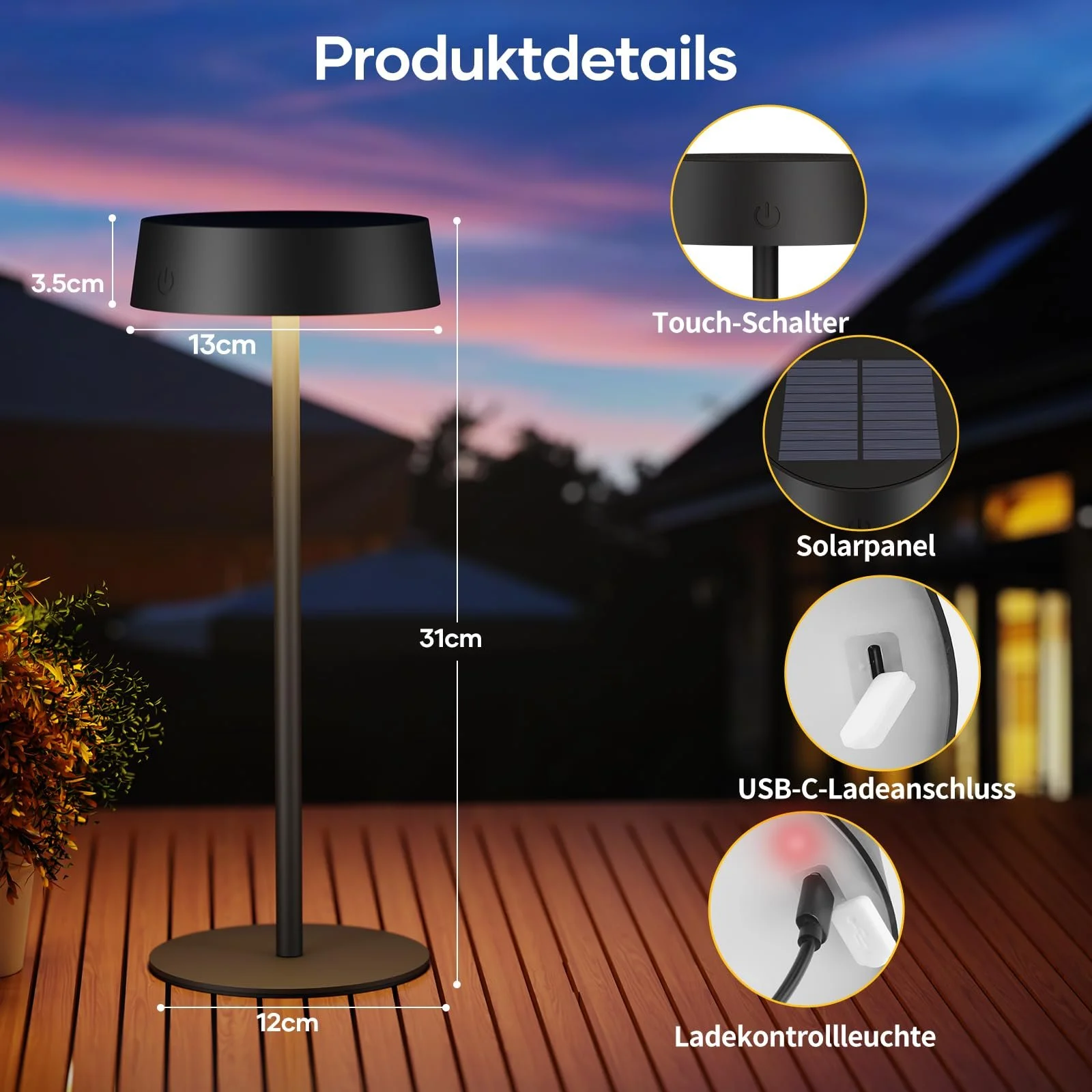 Настільна лампа Suright Wireless Solar USB C LED IP65 Чорний, фото №6