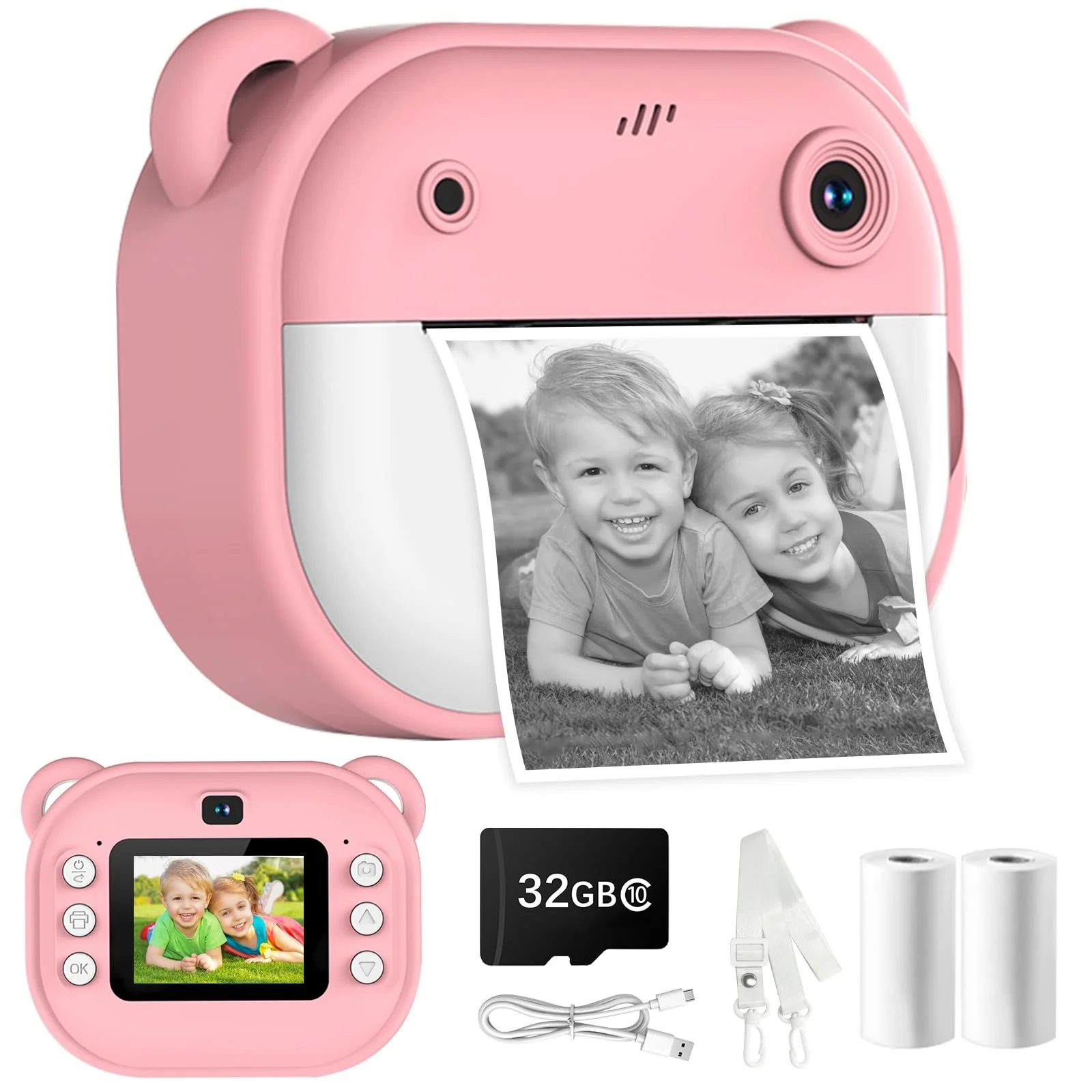 Детская цифровая фотокамера мгновенной печати 1080P Dual Lens 2-дюймовый экран с картой 32GB и бумагой для печати Розовая, фото №1