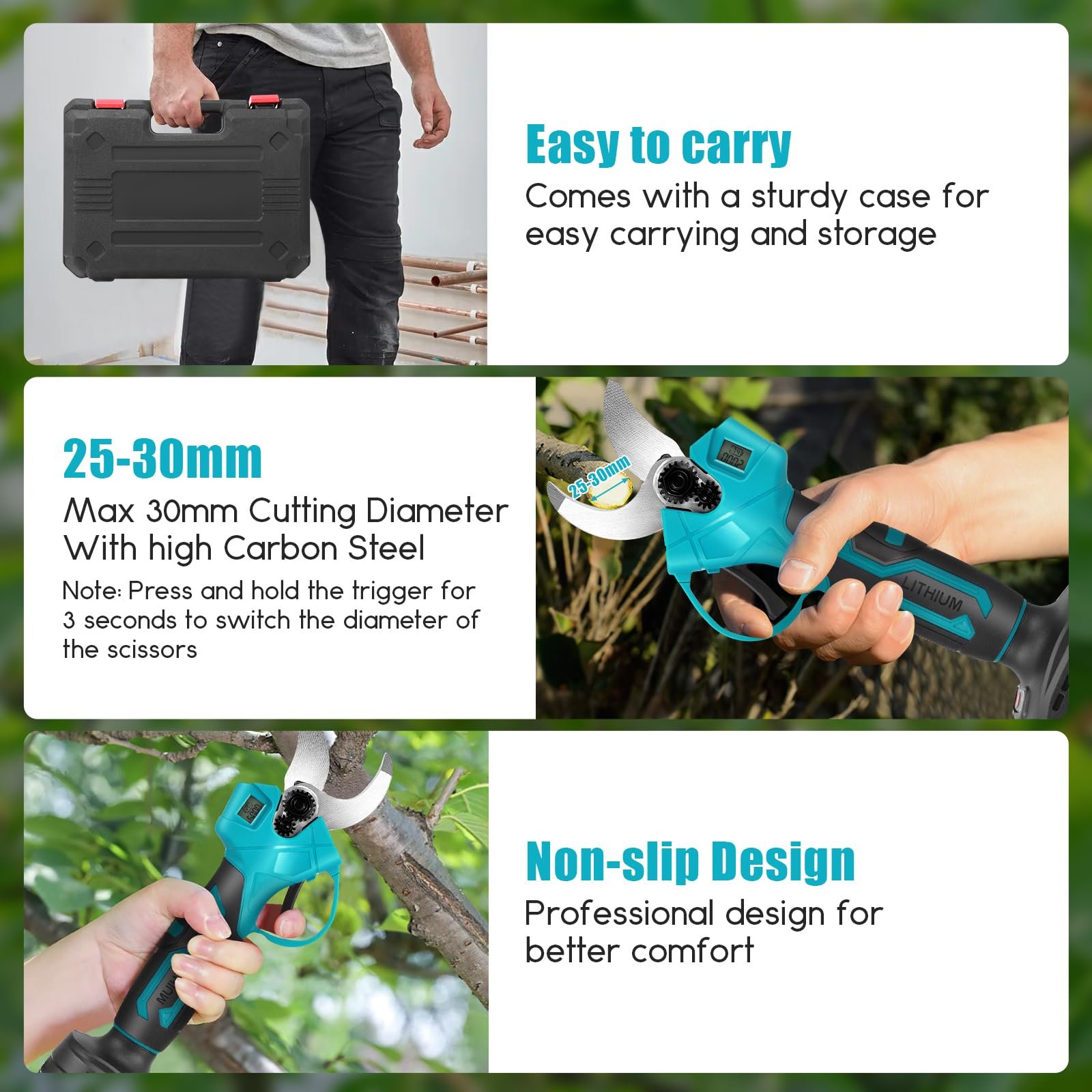 Акумуляторний секатор Professional, електричний, 2 x 20 V 1500 mAh батареї, РК-дисплей, безщітковий двигун, макс. 30 мм діаметр різання, леза SK5, фото №8