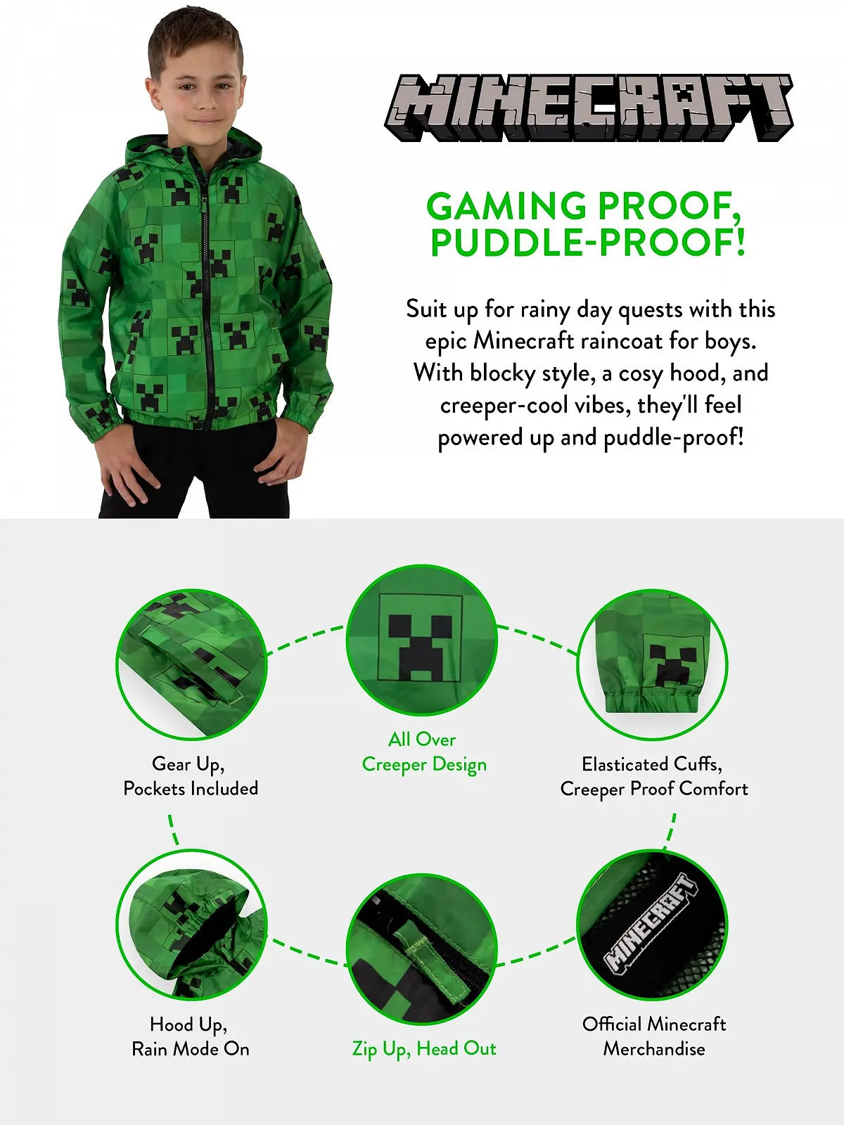 Куртка Дождевик для Мальчиков Minecraft Водоотталкивающая С капюшоном Для геймеров, фото №6