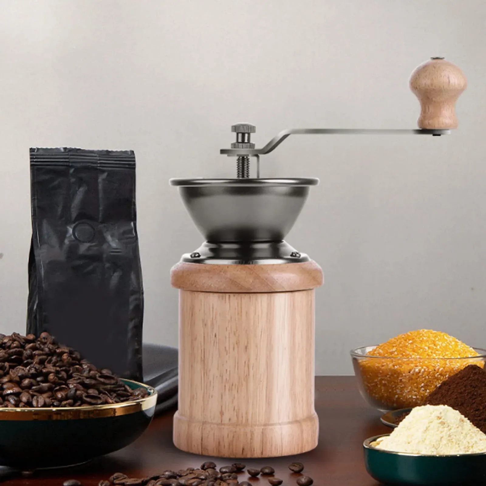 Ручная кофемолка Eiche Edelstahl Retro, эргономичная ручка, портативная, коническая, светлое дерево, фото №8