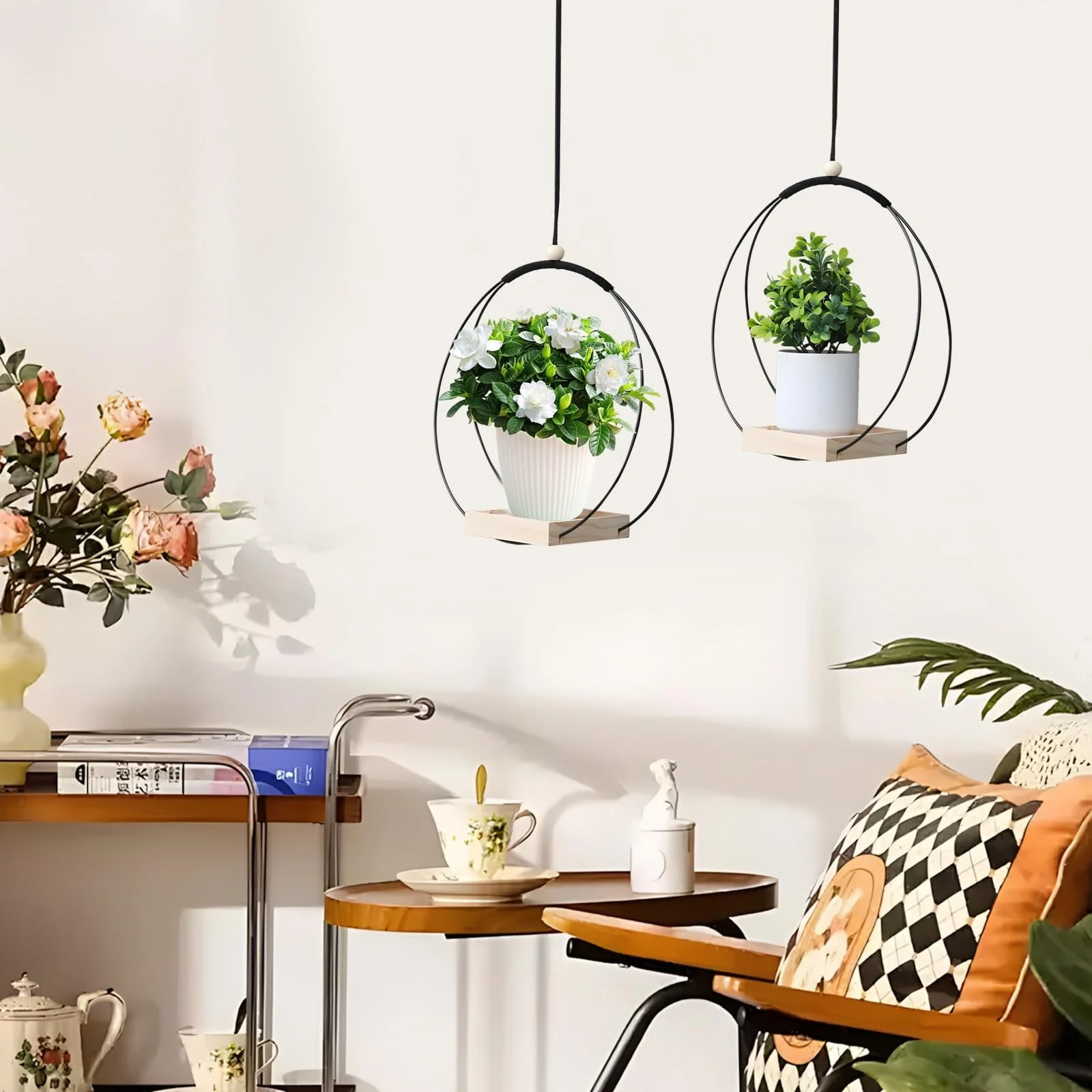 Подвесная корзина SI SEN Деревянное основание Металлический каркас Диаметр 30 см Крючок в комплекте, фото №5