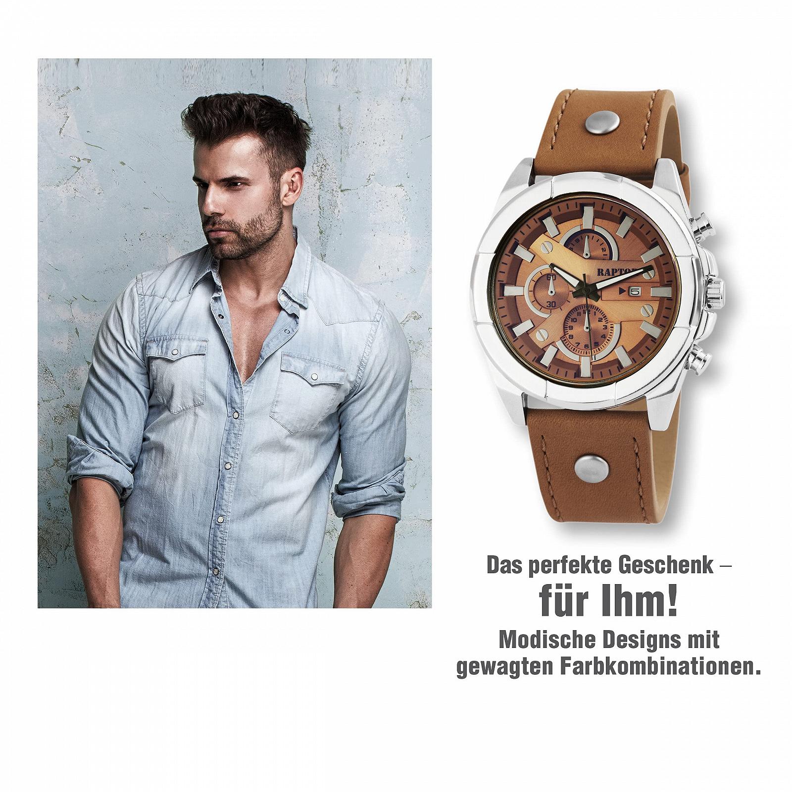 Мужские часы Chrono-Look Raptor с браслетом с заклепками, коричневый, аналоговый дисплей даты, 26 см, 48 мм, 24 см, разноцветный, ремешок., фото №6