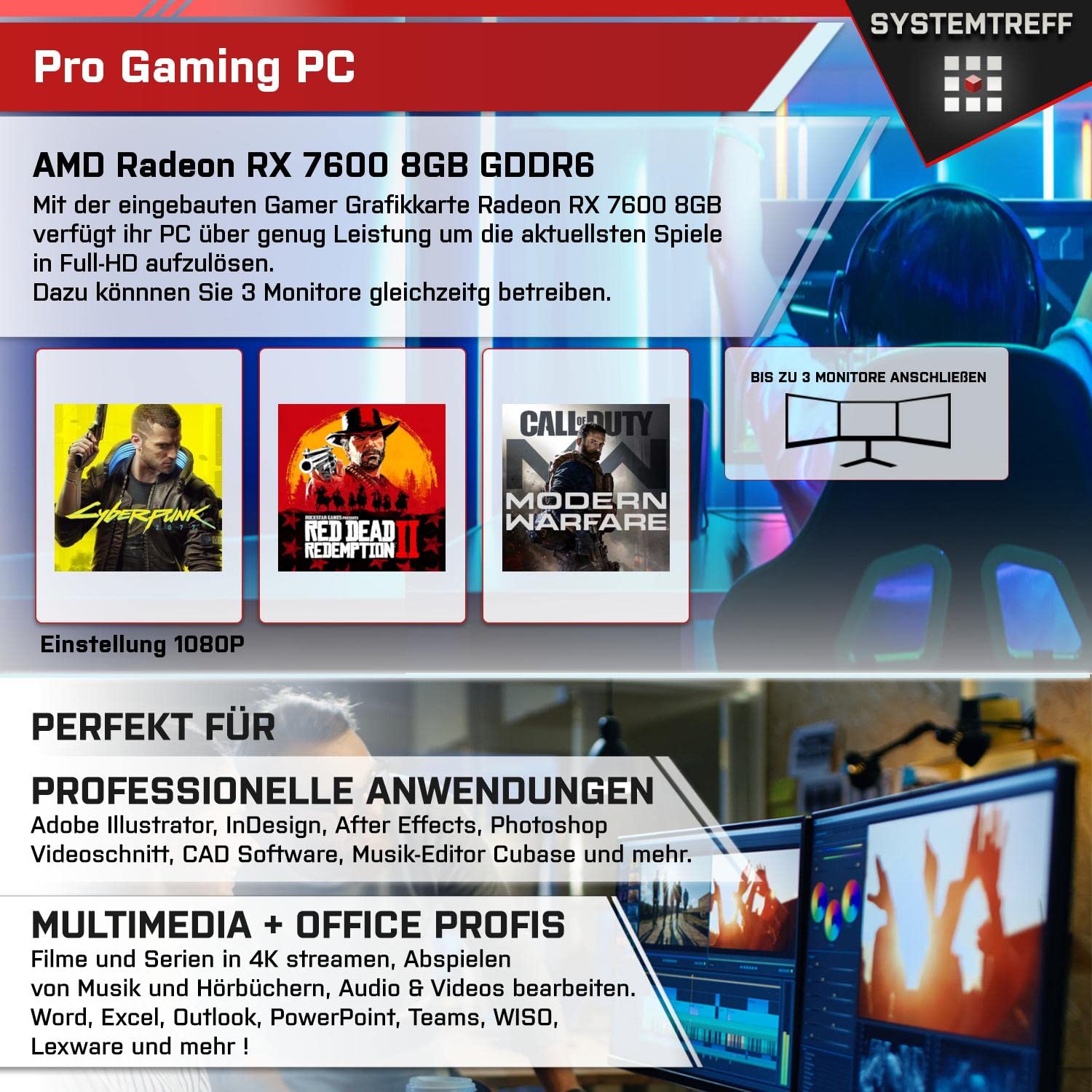 Комплект SYSTEMTREFF Gaming ПК AMD Ryzen 7 5700X 8 x 4.6 ГГц AMD Radeon RX 7600 8GB DX12 1TB M.2 NVMe 32GB DDR4 RAM WLAN, фото №5