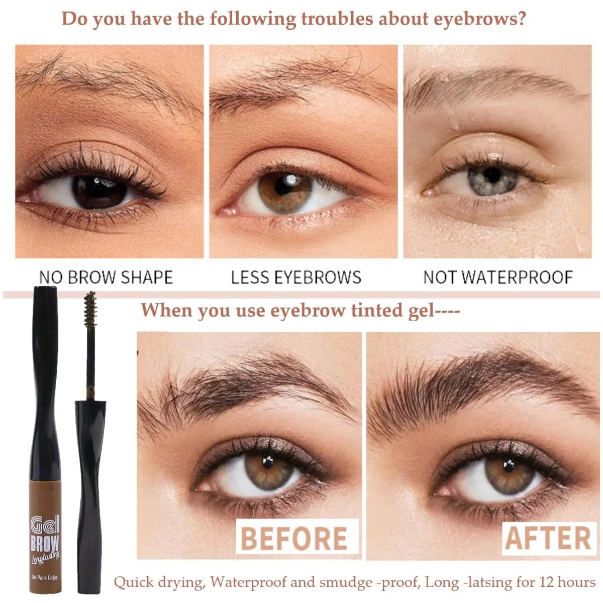 Туш для брів (2 шт.) гелева водостійка швидкосохнуча 02# Light Brown, фото №7