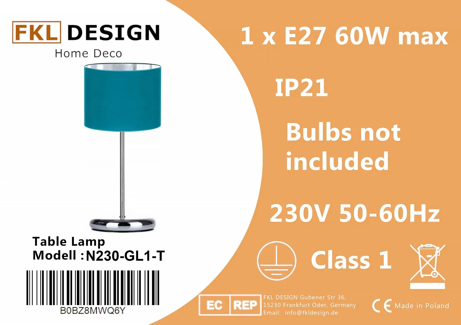 Настольная лампа Home Deco N230-GL1 велюровая E27 бирюзовая, фото №6